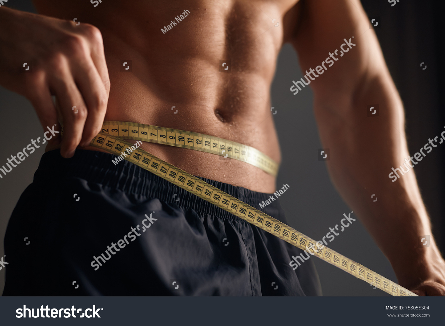 Crop Muscular Sportsman Posing Shirtless Measuring Stock Photo Shutterstock
