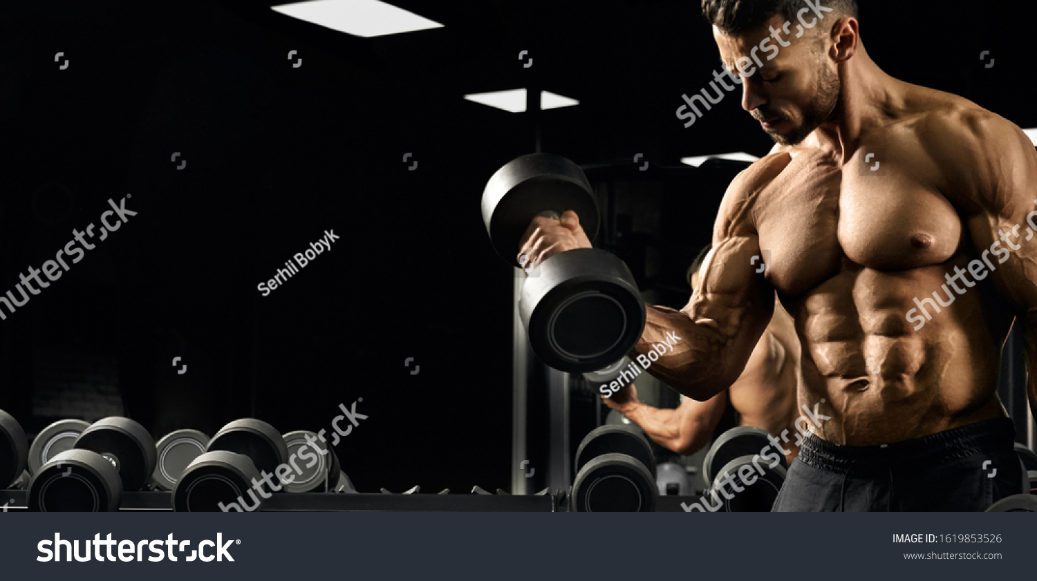 Cropof Shirtless Bodybuilder Training Biceps Dumbbell Stock Photo ...