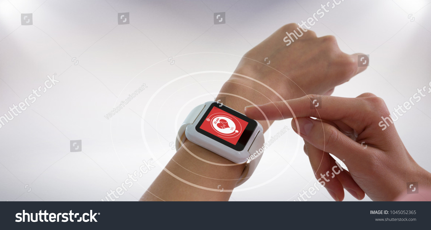  Light Gray Classic  Template Design Featuring Cropped Image of Hands Using Smart Watch Against