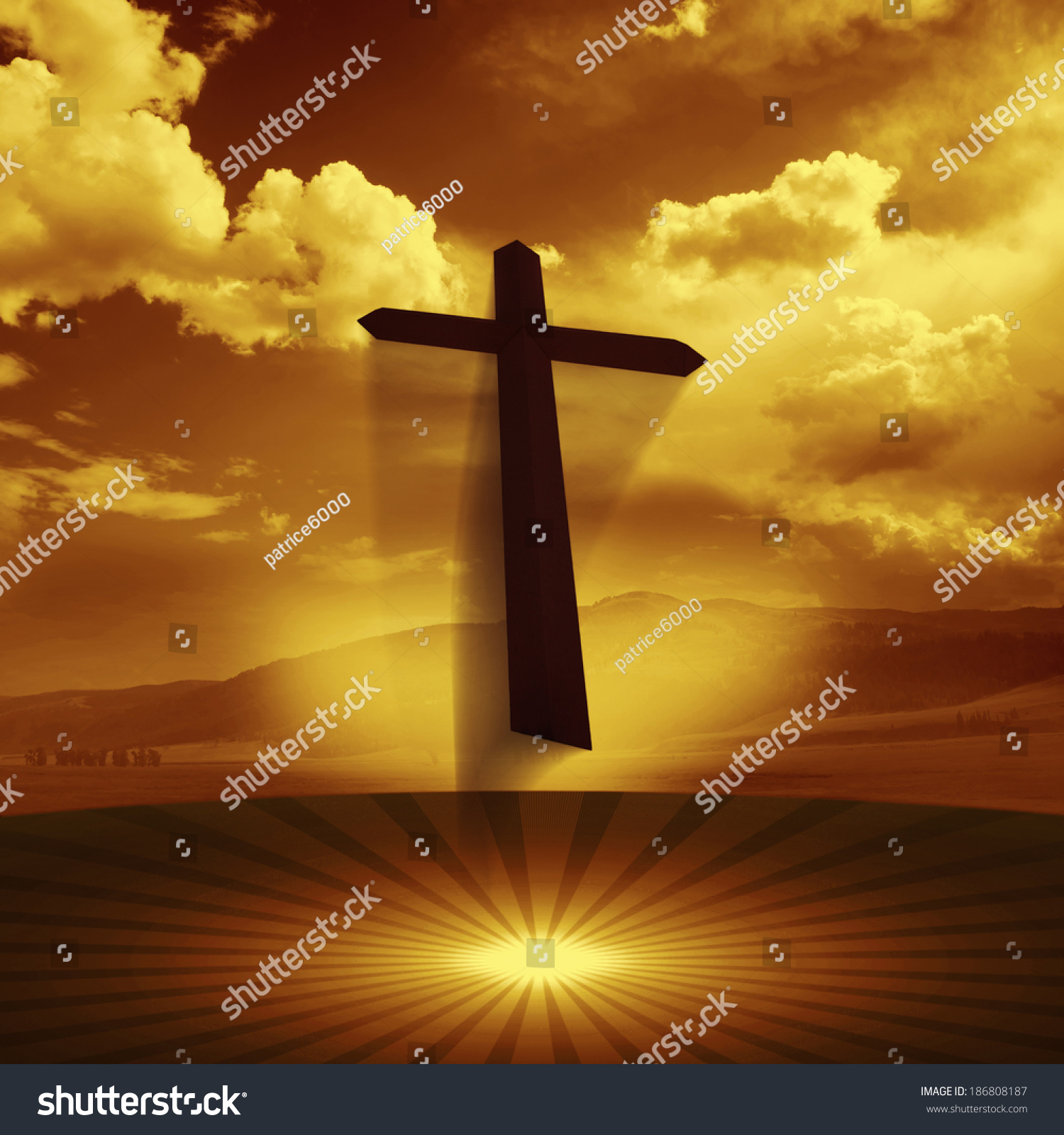 Cross In A Grass And Sun Sunset Background Stock Photo 186808187 ...