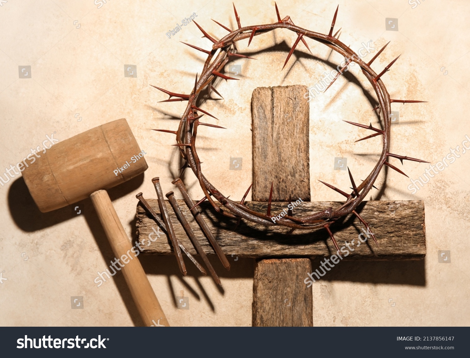 Crown Thorns Wooden Cross Mallet Nails Stock Photo 2137856147 Crown Thorns Wooden Cross Mallet Nails Stock Photo 2137856147