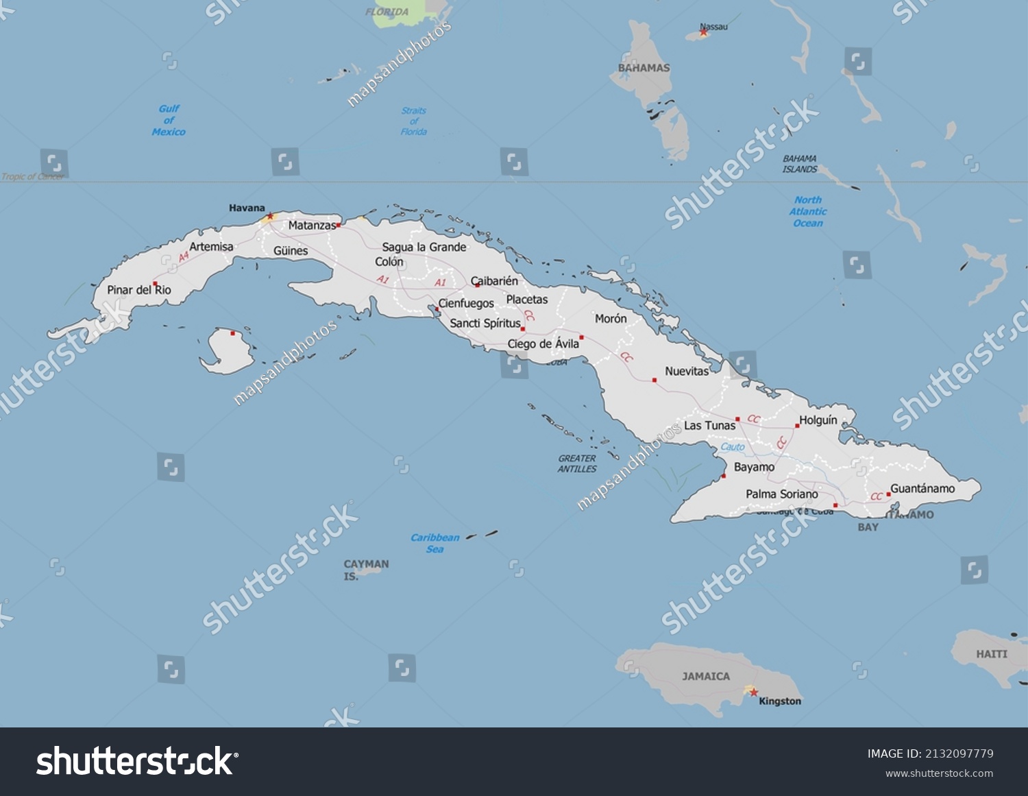 Stock Photo Cuba Political Map With Neighbors And Capital National Borders Important Cities Rivers Lakes 2132097779 