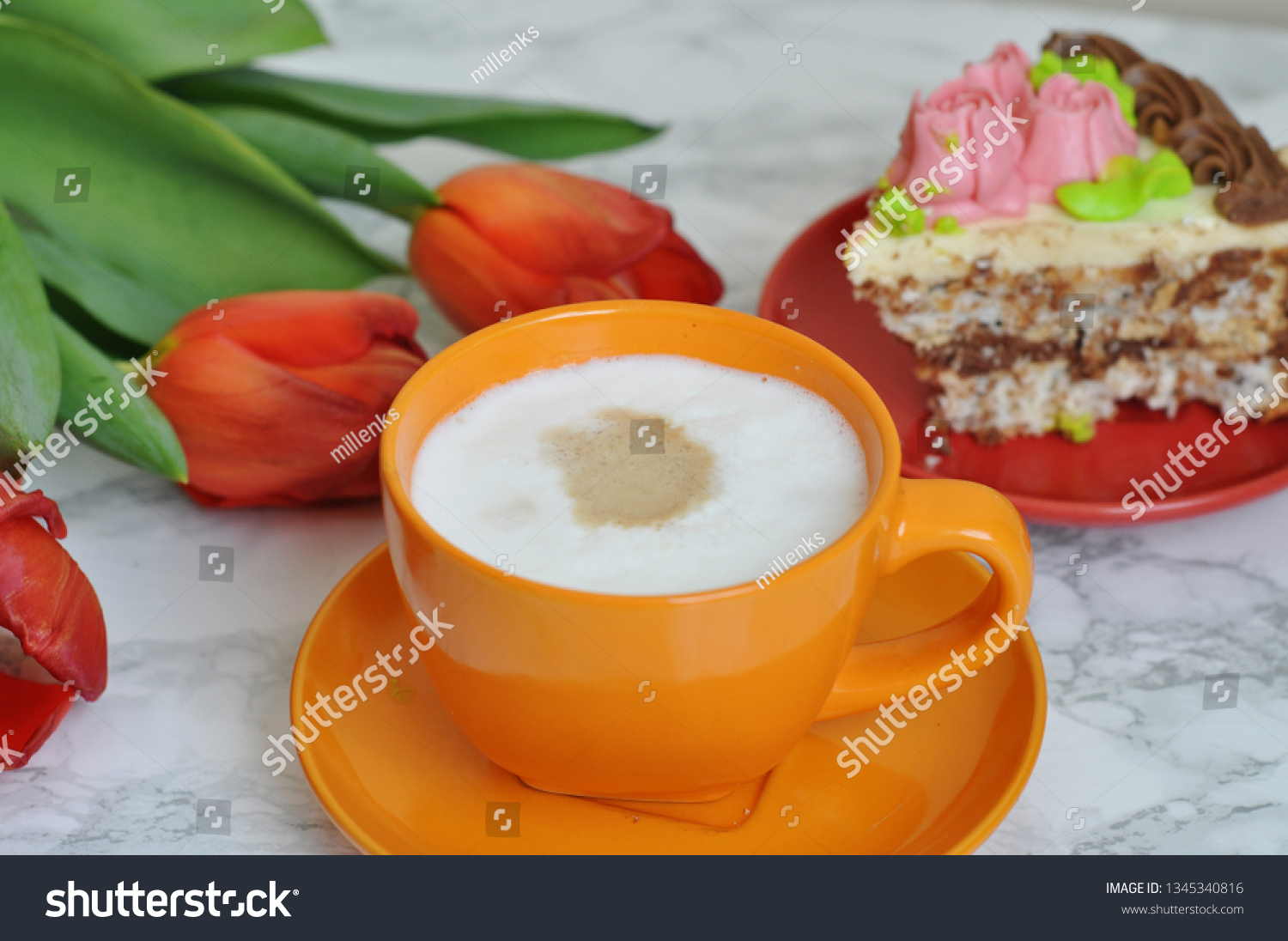 Cup Coffee Cake Beautiful Tulips Stock Photo Edit Now 1345340816