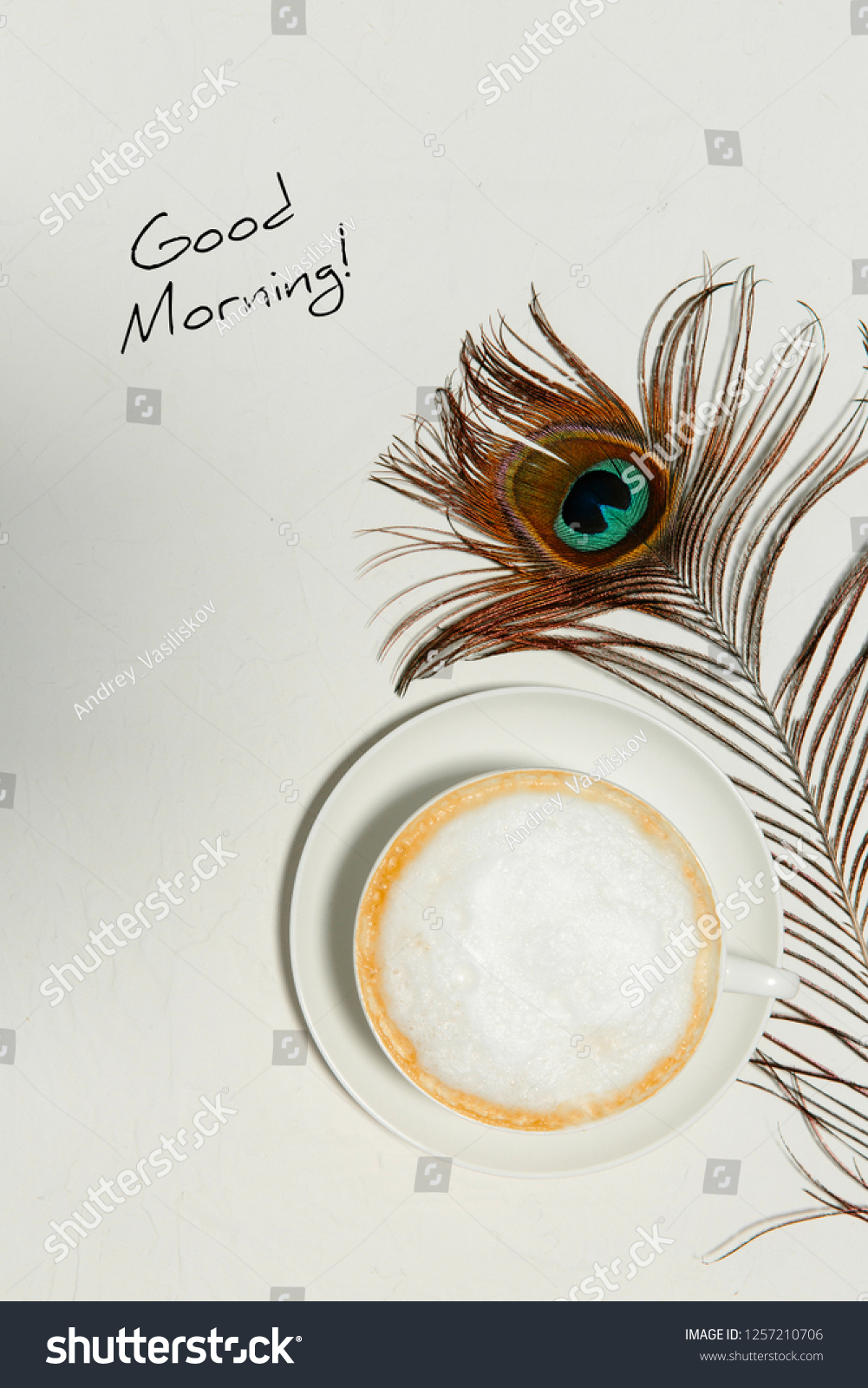 Cup Coffee Peacock Feather Good Morning Royalty Free Stock Image