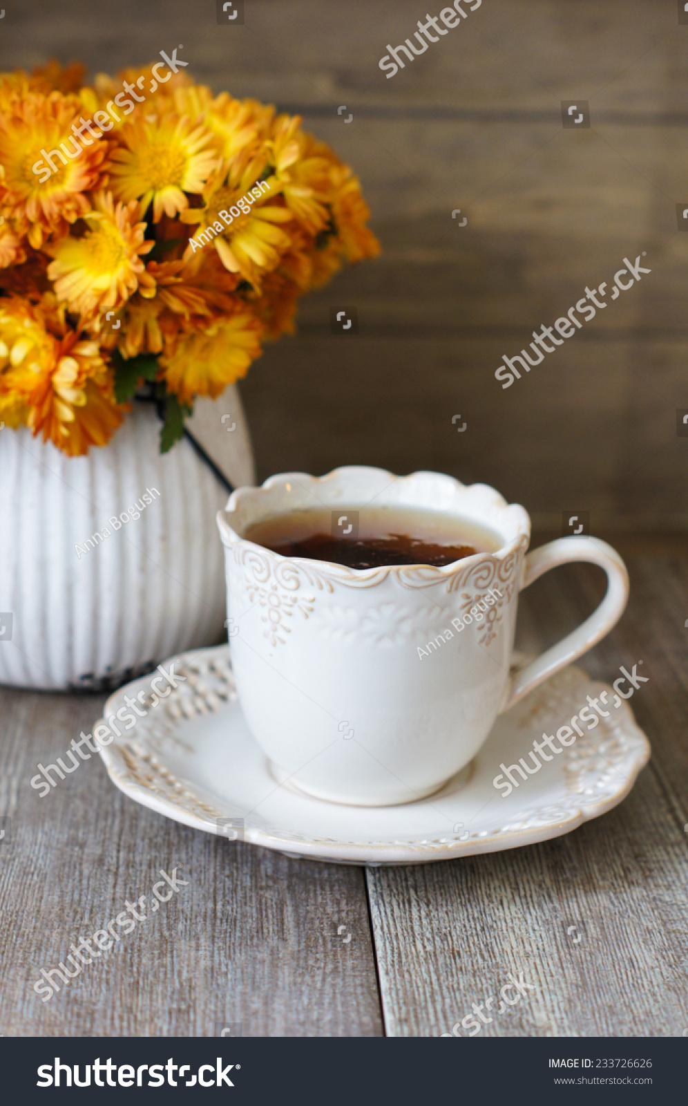 Cup Tea Autumnal Flowers Good Morning Food And Drink Stock Image