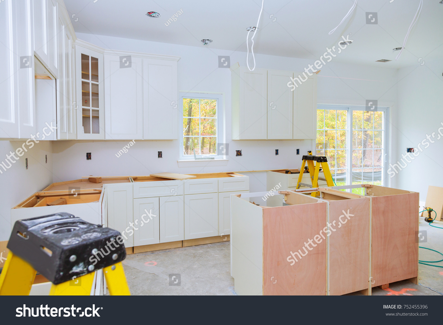 Custom Kitchen Cabinets Various Stages Installation Stock Photo