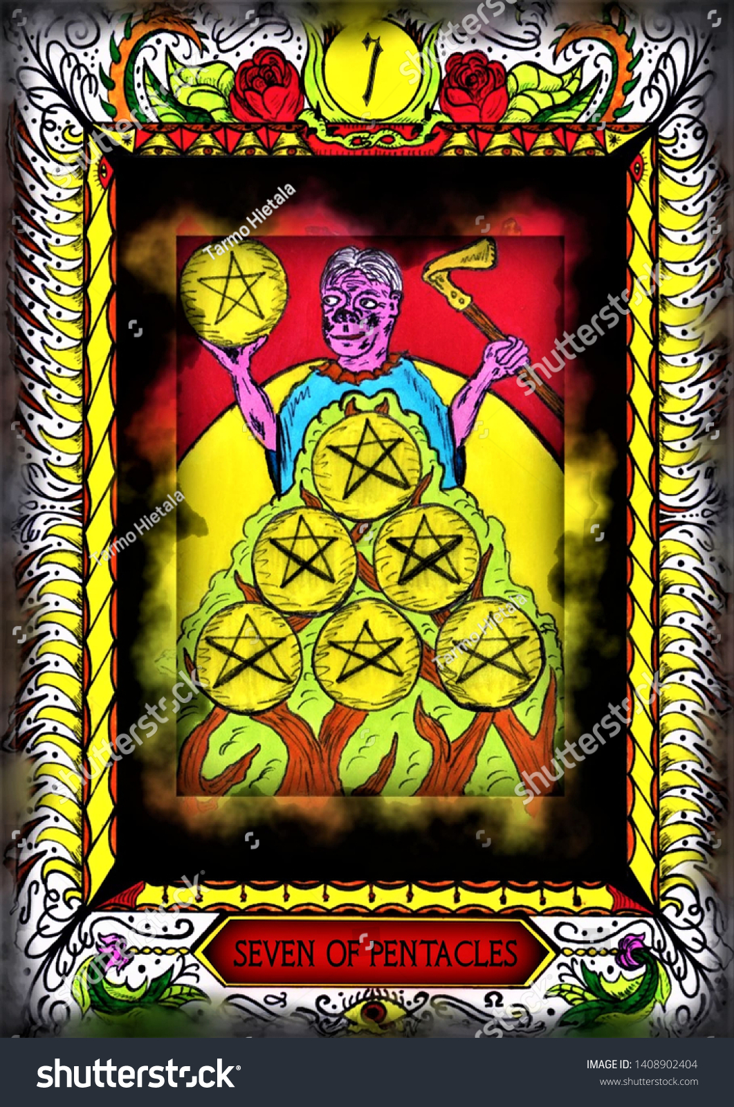 Customized Tarot Card Seven Pentacles Hand Stock Illustration 1408902404