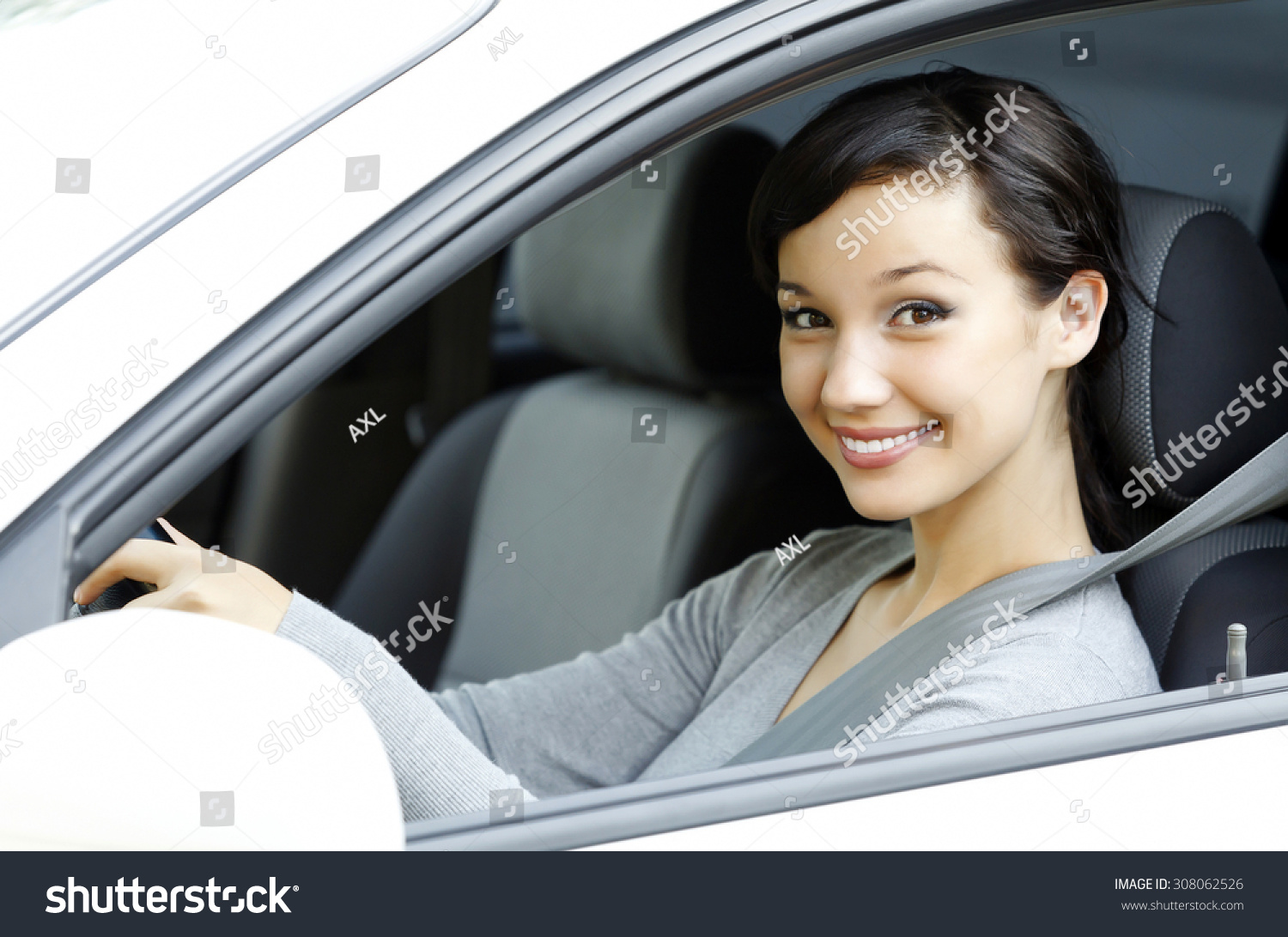 Cute Asian Female Driver In White Car Smiling To You. Stock Photo ...