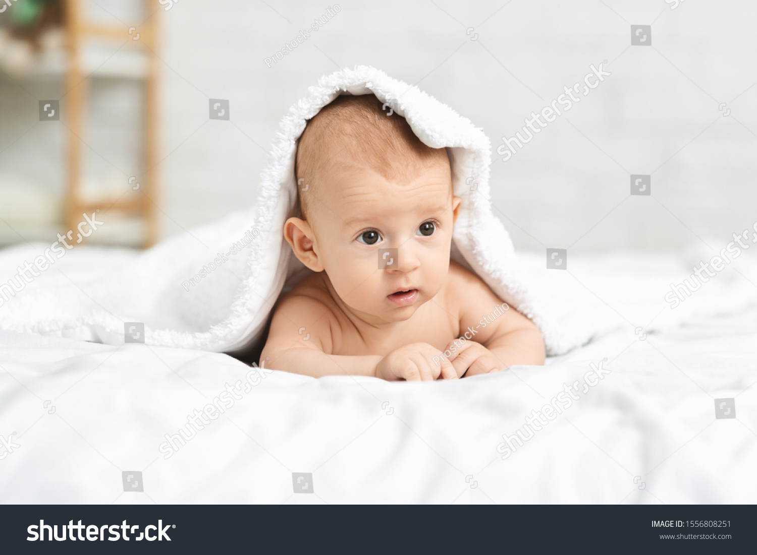 Cute Baby Boy Lying Bed On Stock Photo 1556808251 | Shutterstock