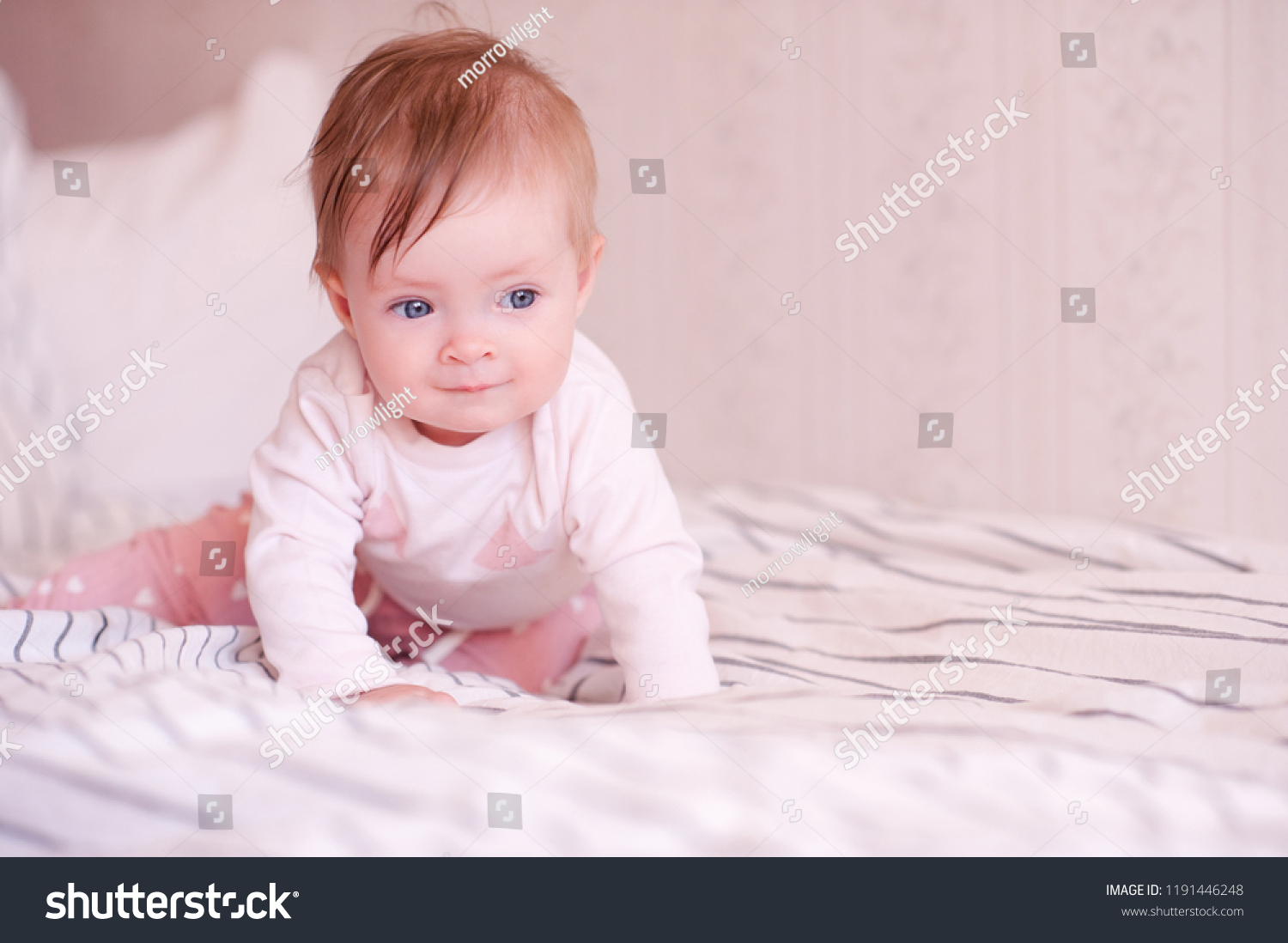 Cute Baby Crawling Bed Wearing Pajamas Stock Photo Edit Now