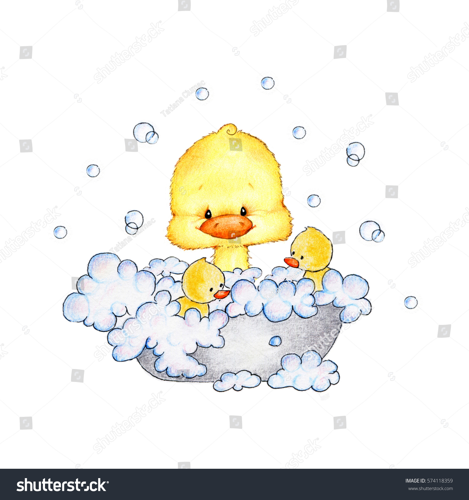 かわいい赤ちゃんアヒルがお風呂に入る のイラスト素材