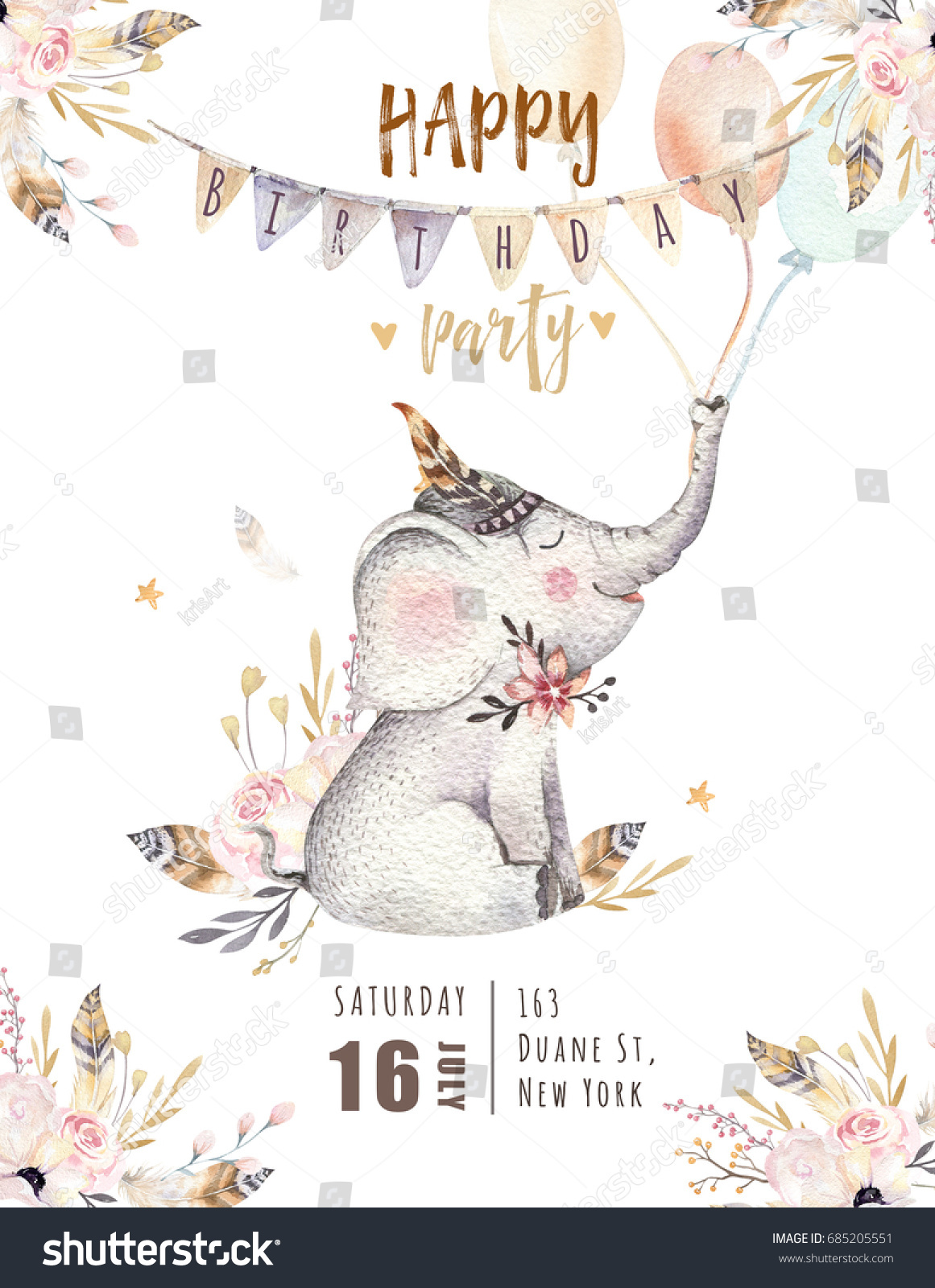 子ども向けのかわいい子ゾウの保育園動物 ボヘミアの水彩ボホの森象科図 水彩画 コドモ部屋のポスター 柄に最適 誕生日の招待 のイラスト素材