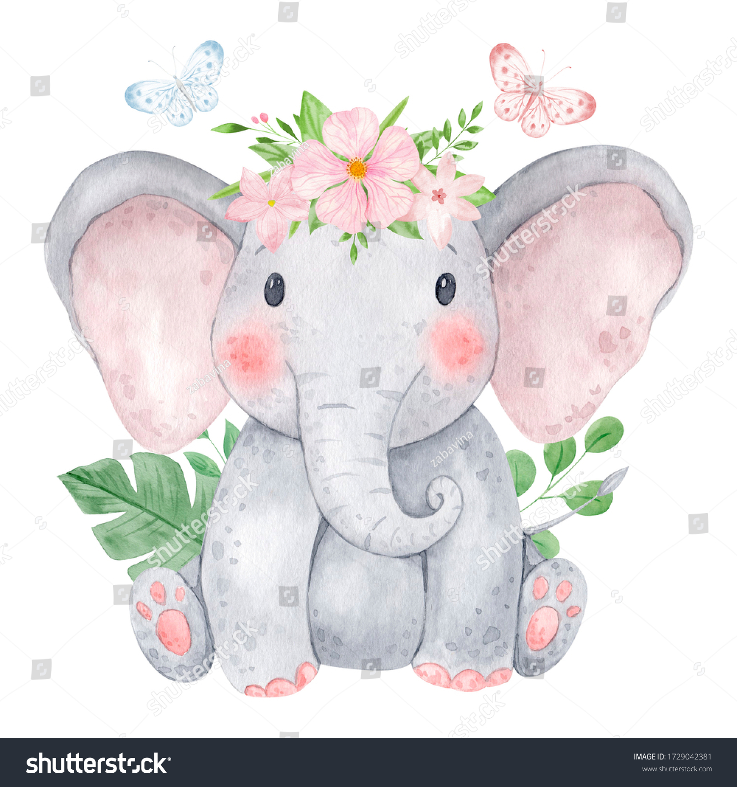 Cute Baby Elephant Watercolor Illustration Isolated Stock Illustration 1729042381