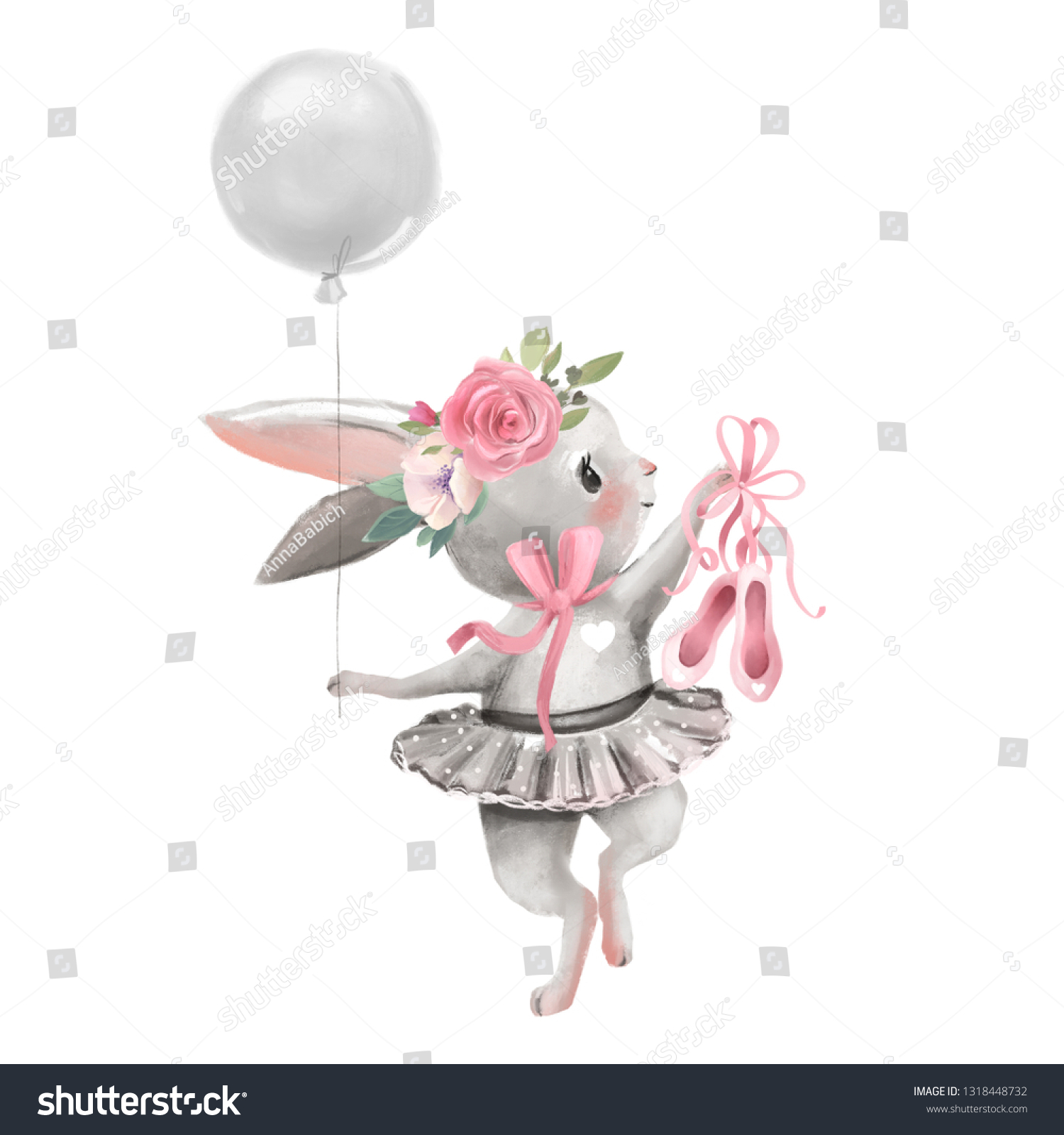 かわいいバレリーナ 花を持つバレエ少女の赤ちゃんバニー 風船と靴を持つバレエドレスの花輪 のイラスト素材