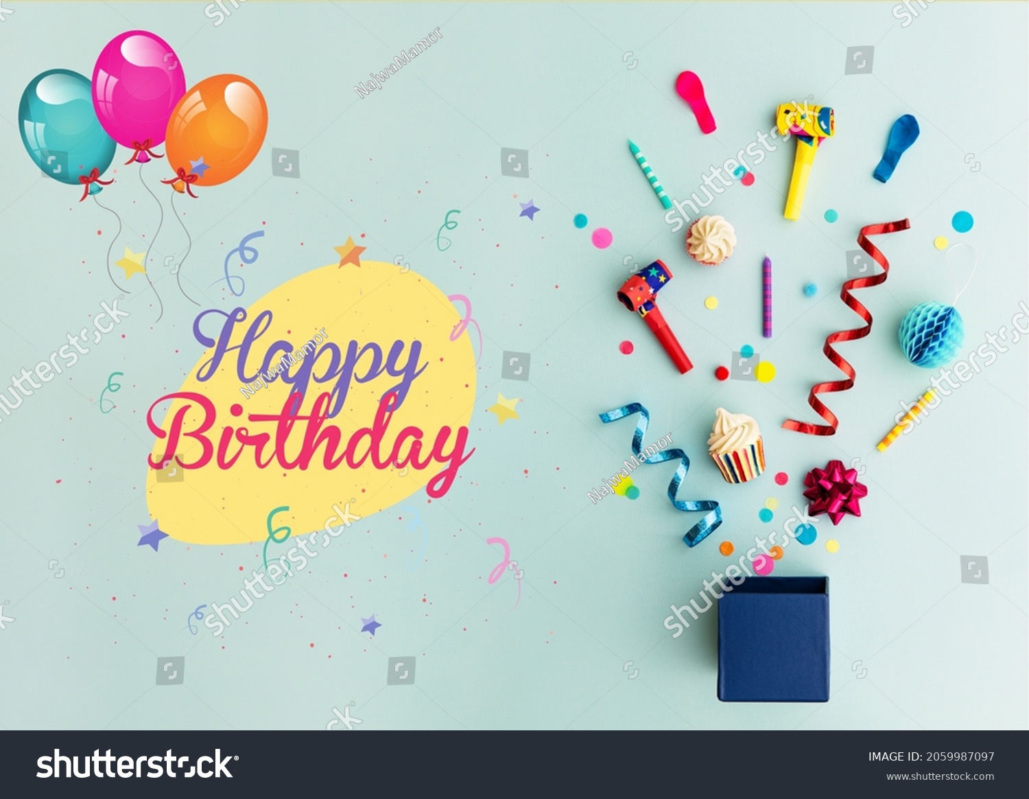 Cute Blue Happy Birthday Card Wishes Stock Illustration 2059987097