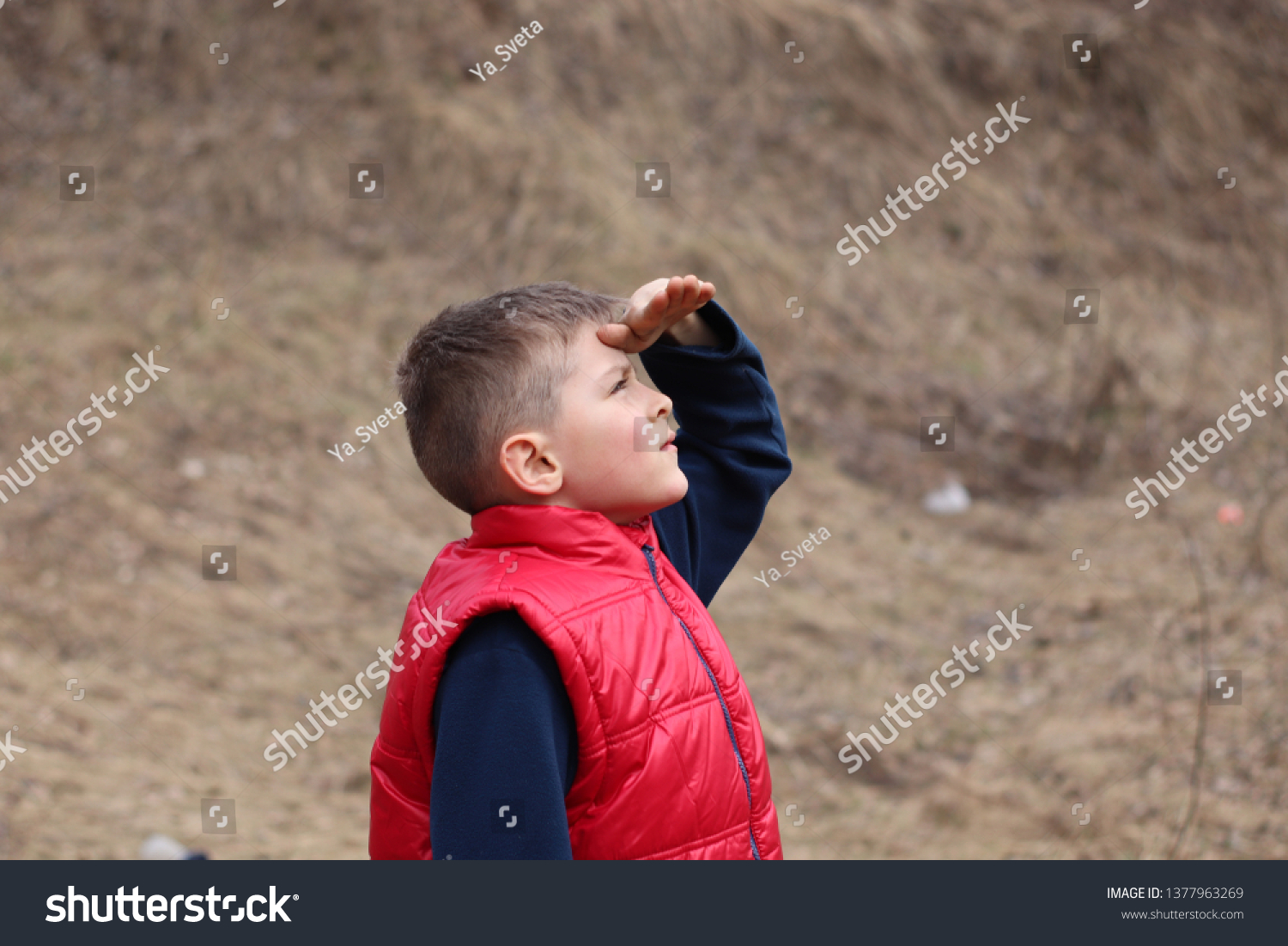 Cute Boy Red Vest Demonstrating Hope Stock Photo (Edit Now) 1377963269