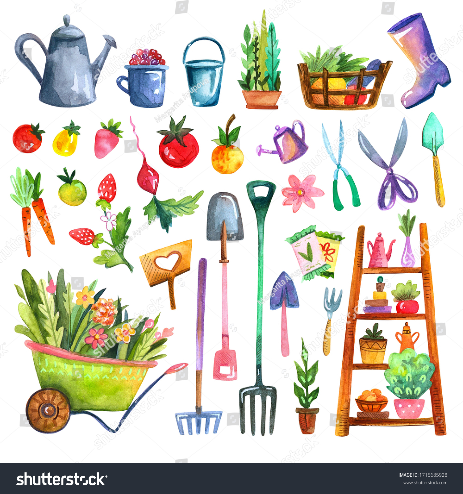 Cute Bright Garden Handdrawn Watercolor Set Stock Illustration ...