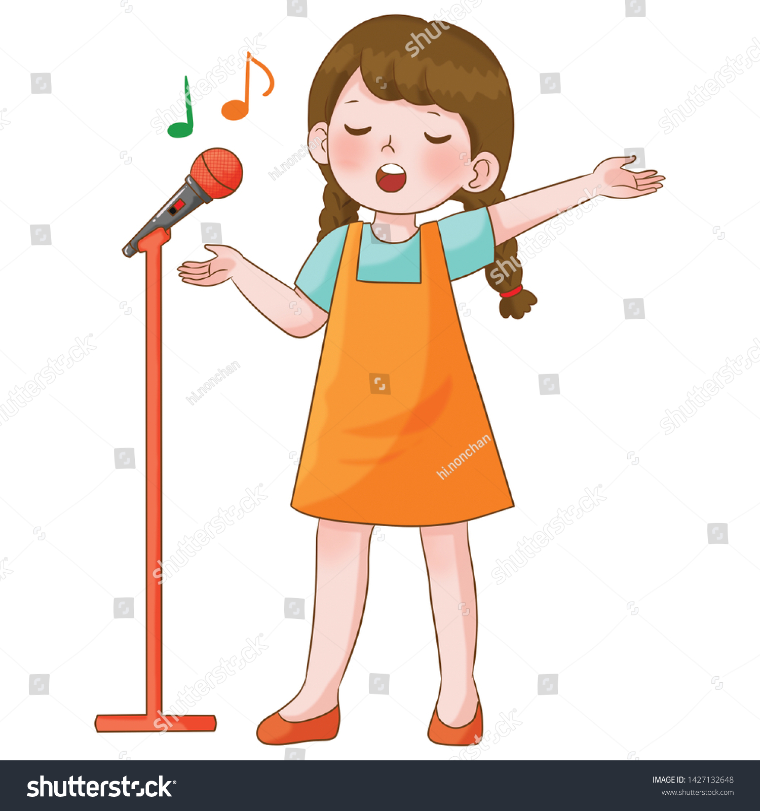 Cute Brown Hair Cartoon Girl Singing Stock Illustration 1427132648