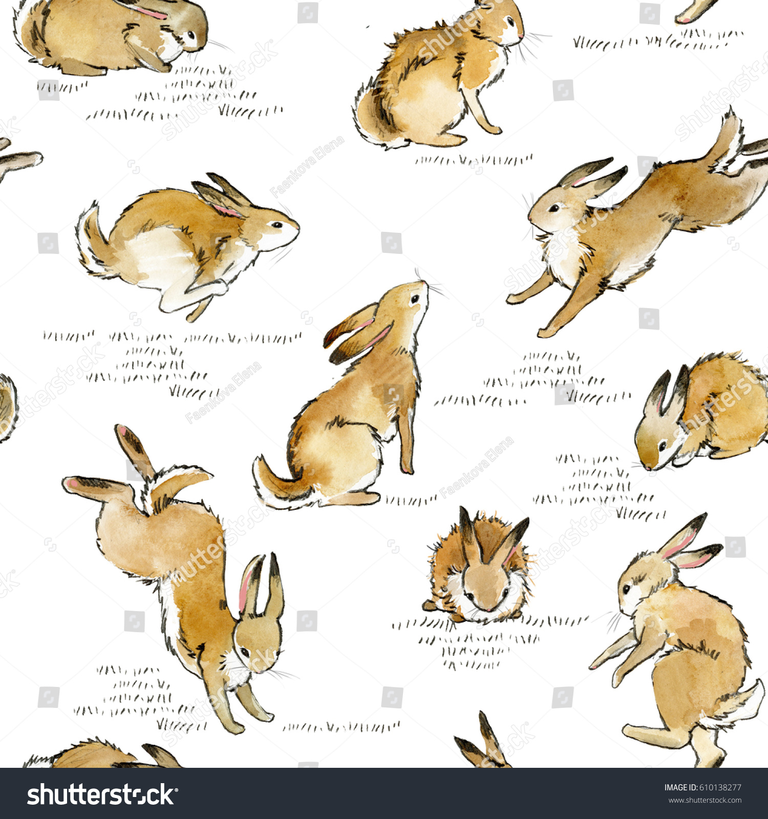 Cute Bunny Seamless Pattern Rabbit Watercolor Stock Illustration 610138277