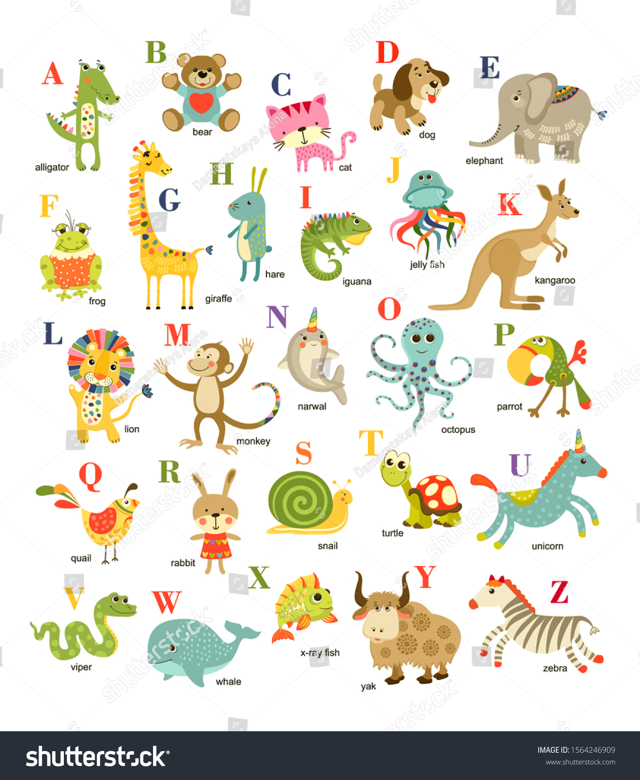 Cute Cartoon Baby Animals Alphabet On: стоковая иллюстрация, 1564246909 ...