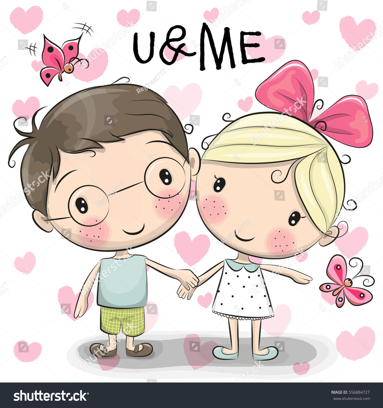 Cute Cartoon Boy Girl Holding Hands Stock Illustration