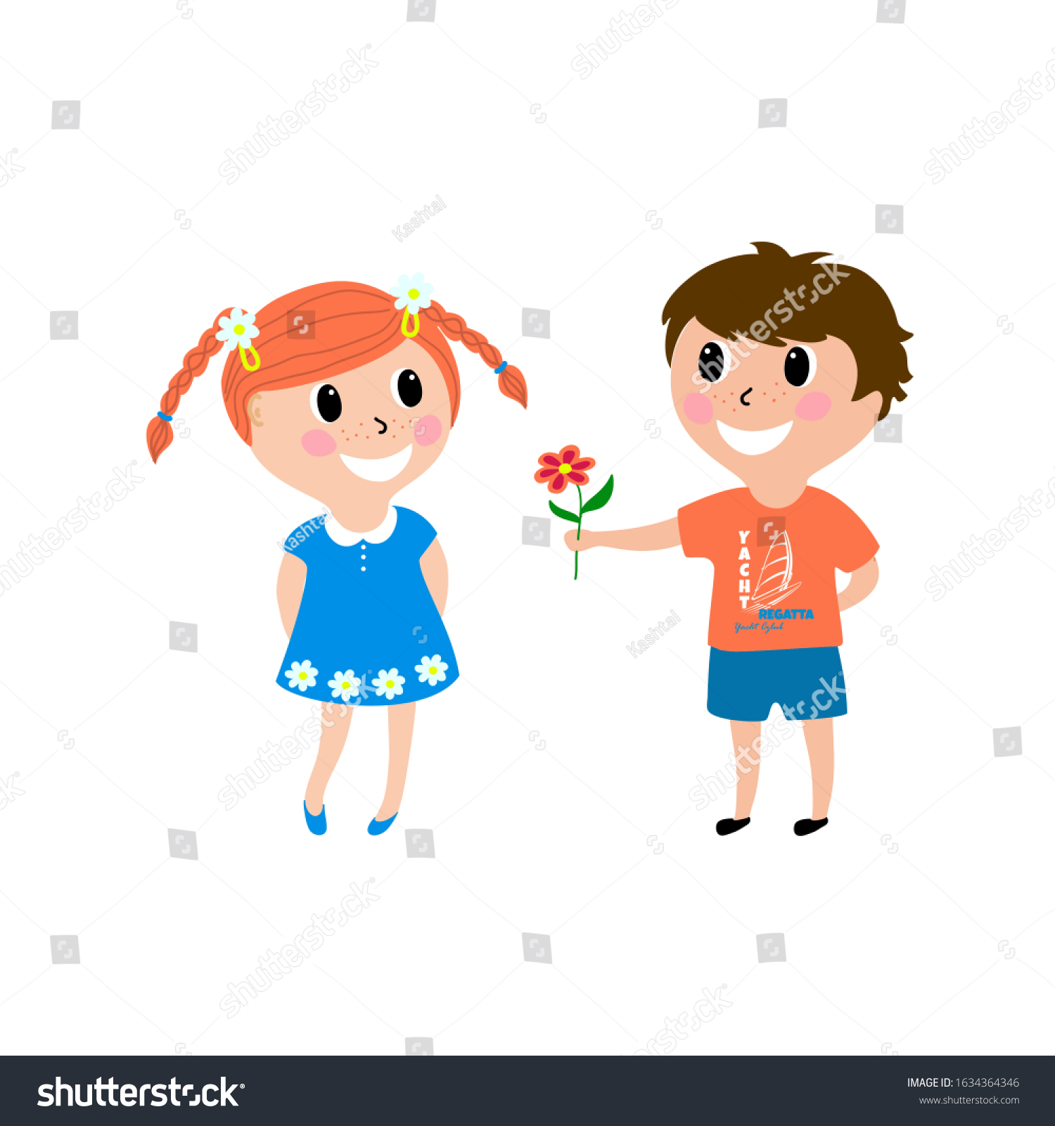 Cute Cartoon Boy Gives Girl Flowers Stock Illustration 1634364346