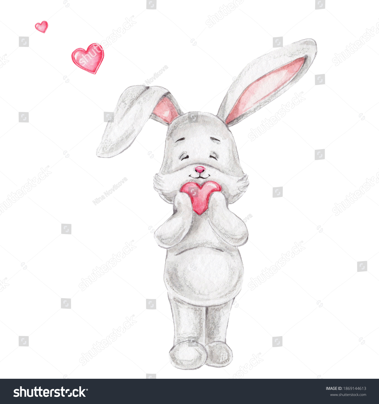 Cute Cartoon Bunny Pink Heart Watercolor Stock Illustration 1869144613 ...