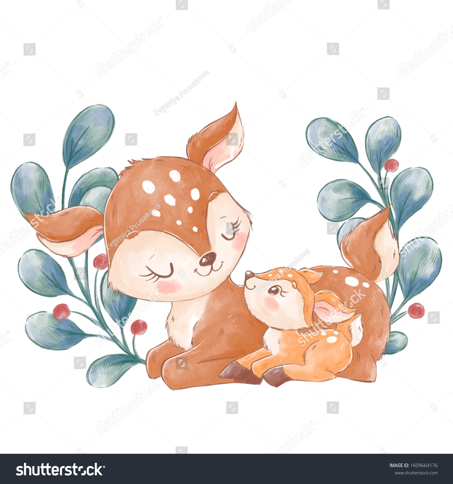 Cute Cartoon Deers Mother Baby Animals Stock Illustration
