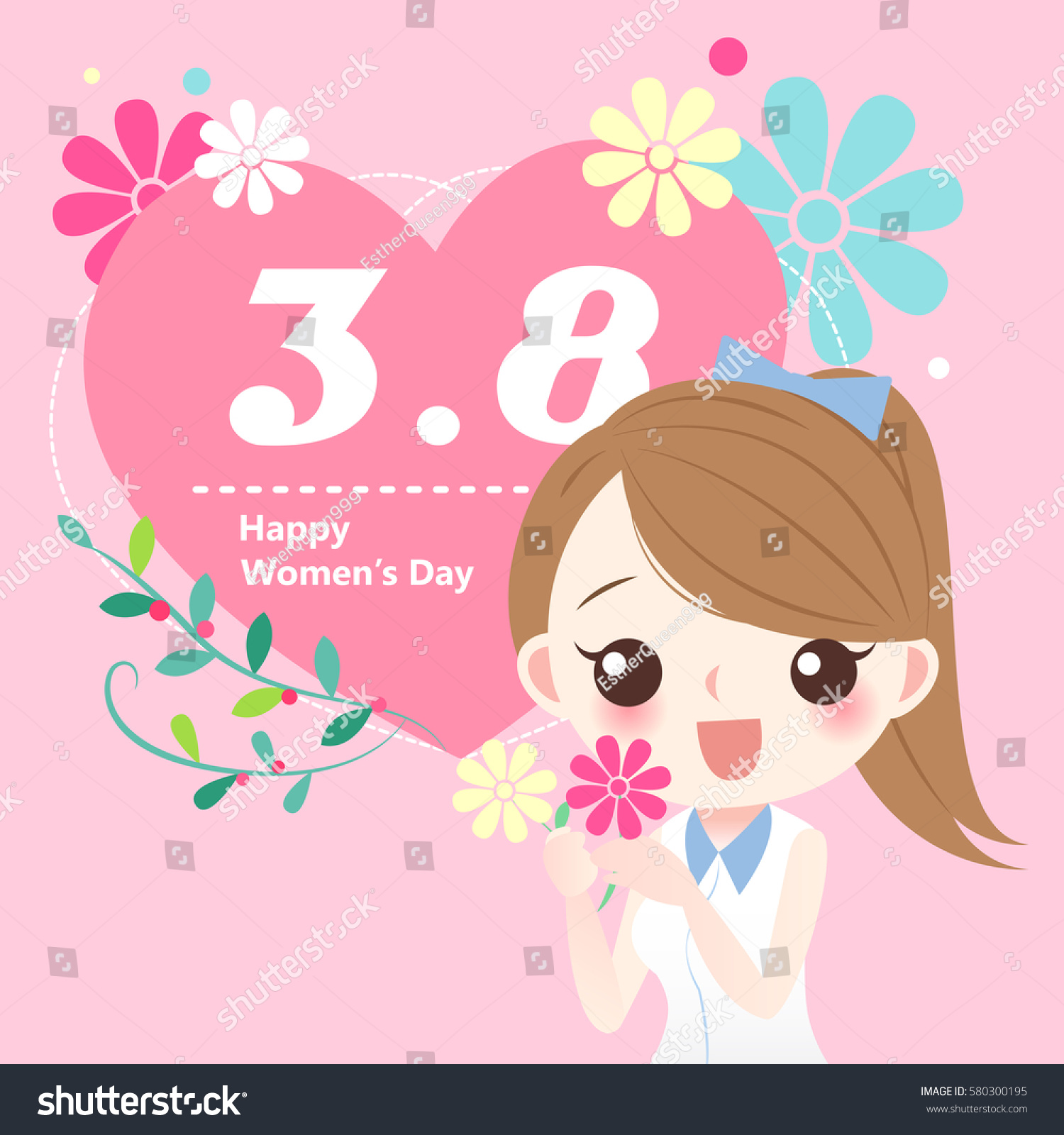 Cute Cartoon Girl Happy Womens Day Stock Illustration 580300195