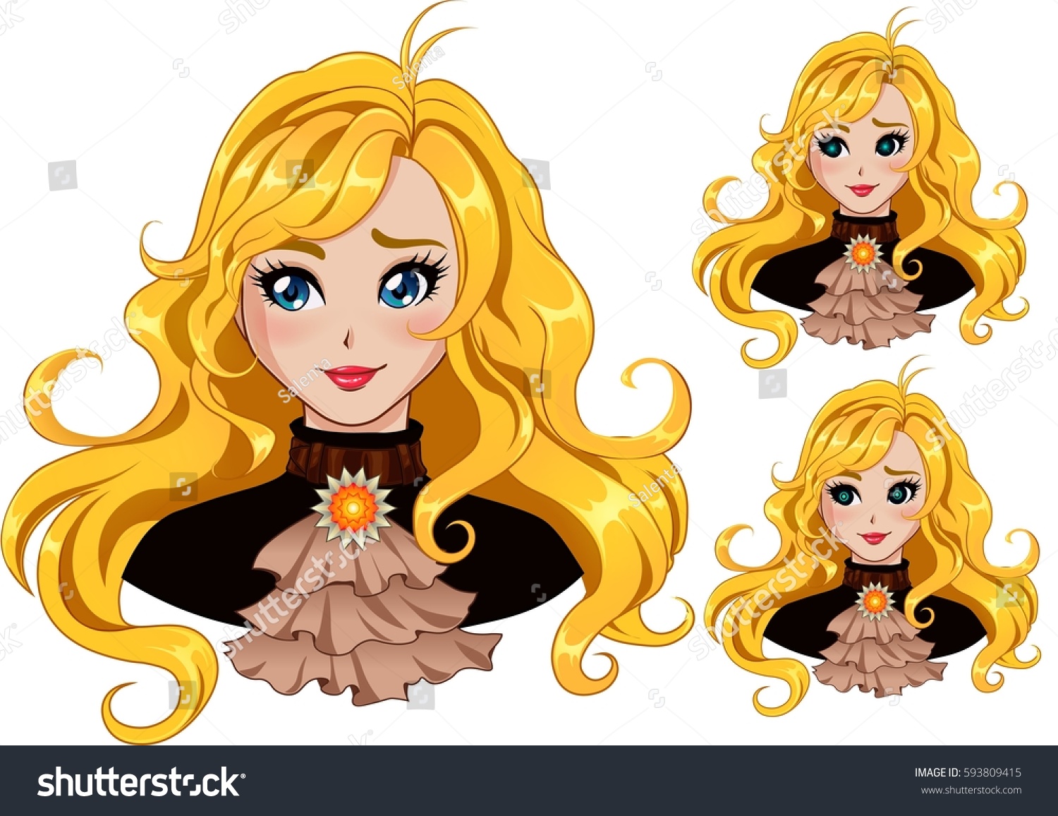 Cute Cartoon Girl Wavy Hair Eyes People Stock Image