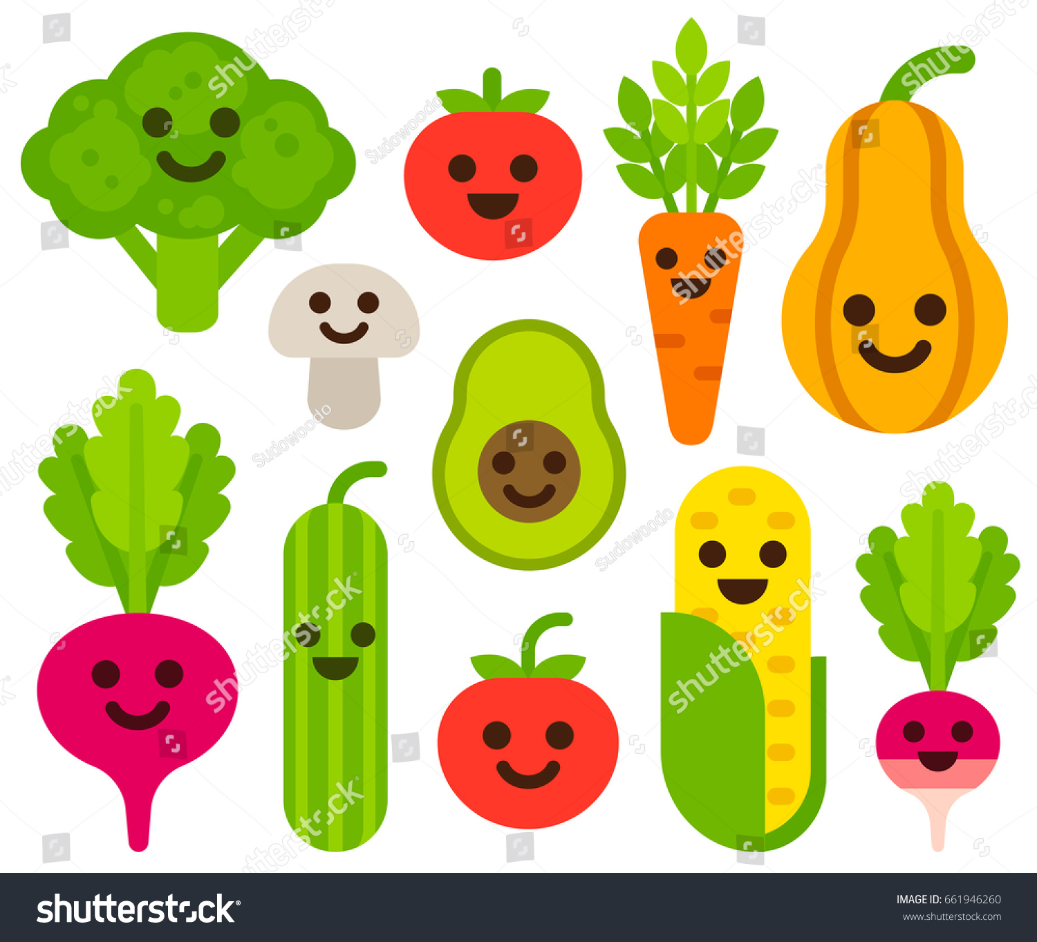 Cute Cartoon Smiling Vegetables Set Healthy Stock Illustration 661946260