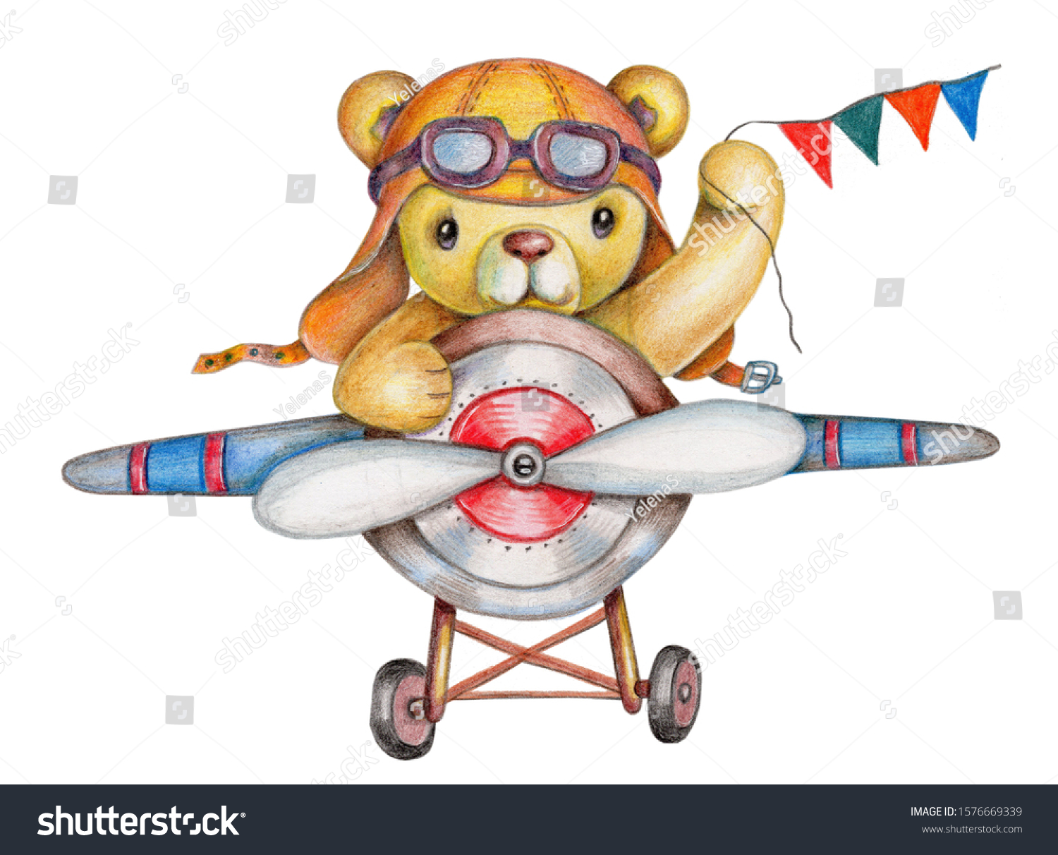 飛行機で飛ぶ可愛いcartoonteddyベア 手描きの水彩画と色鉛筆のイラスト 白い背景に のイラスト素材