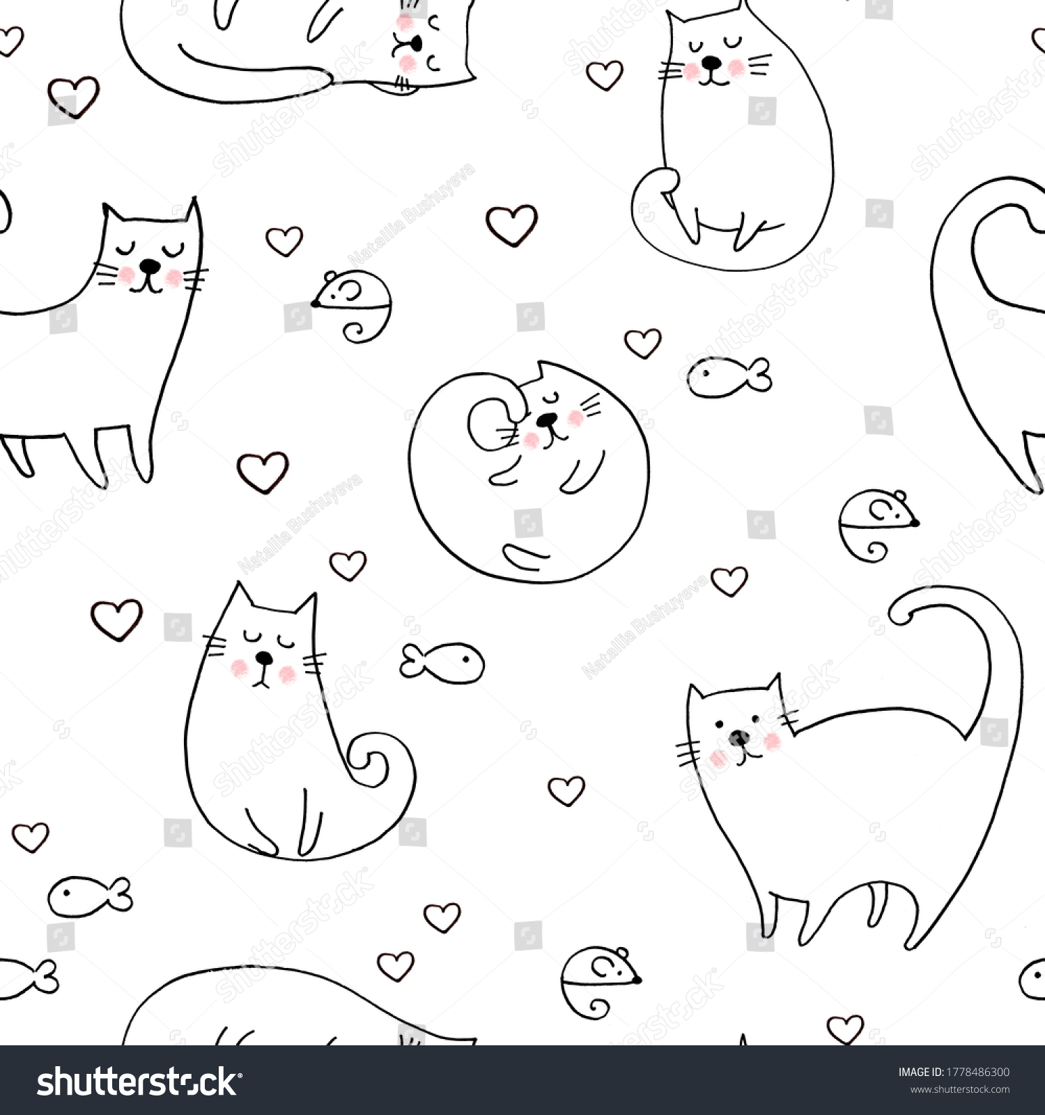 Cute Cats Line Art Pattern Stock Illustration 1778486300