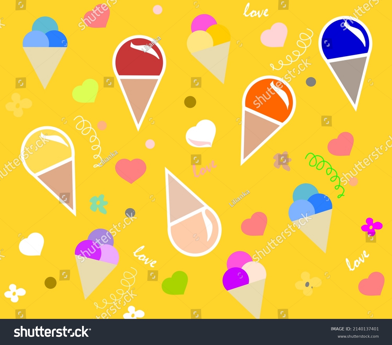 Cute Colorful Ice Cream Background Hearts Stock Illustration 2140137401