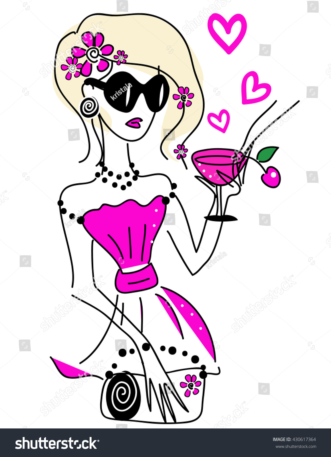 Cute Doodle Art Fashion Girl Drink Stock Illustration 430617364