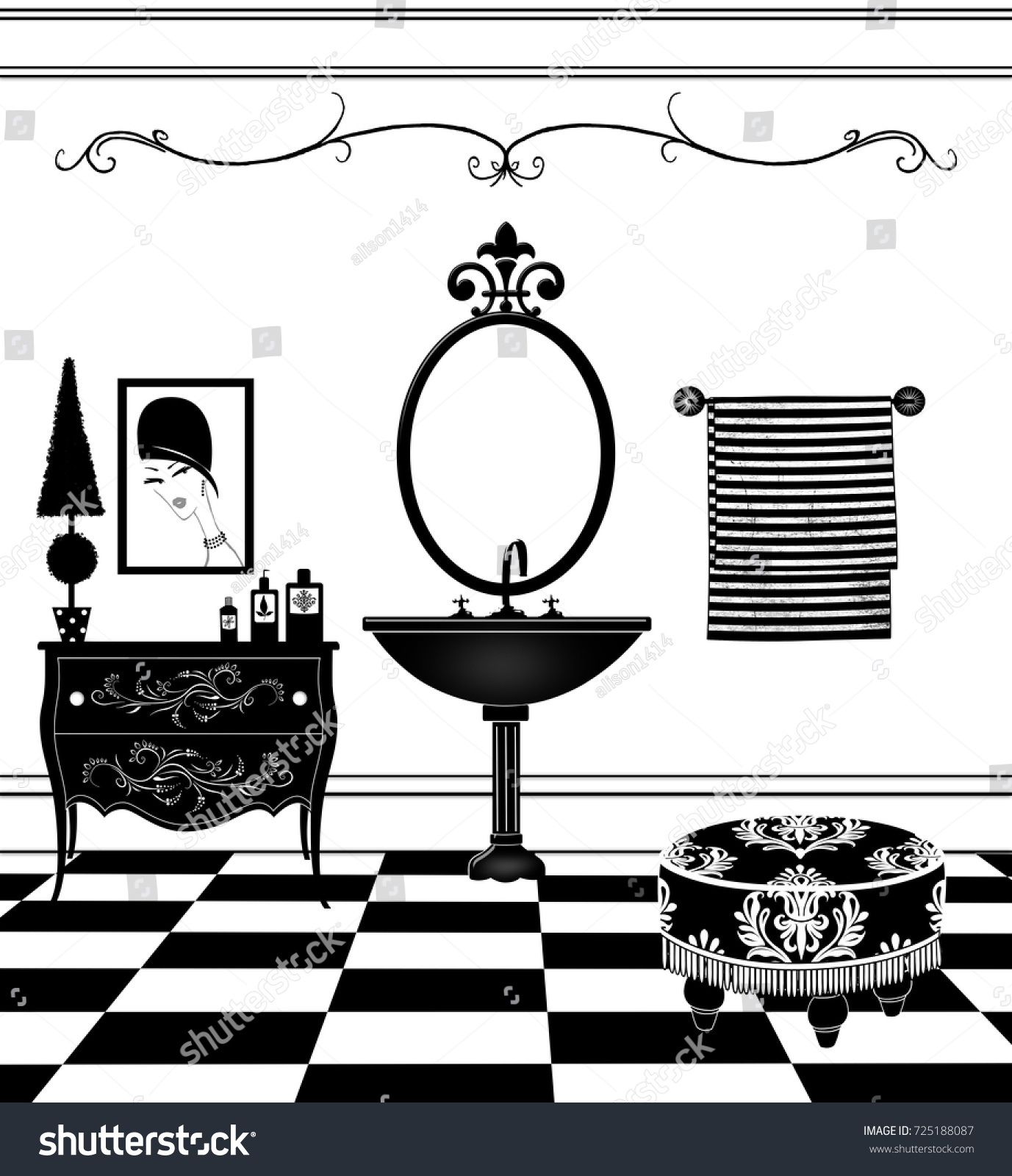 Cute Drawing Black White Bathroom Vintage Stock Illustration