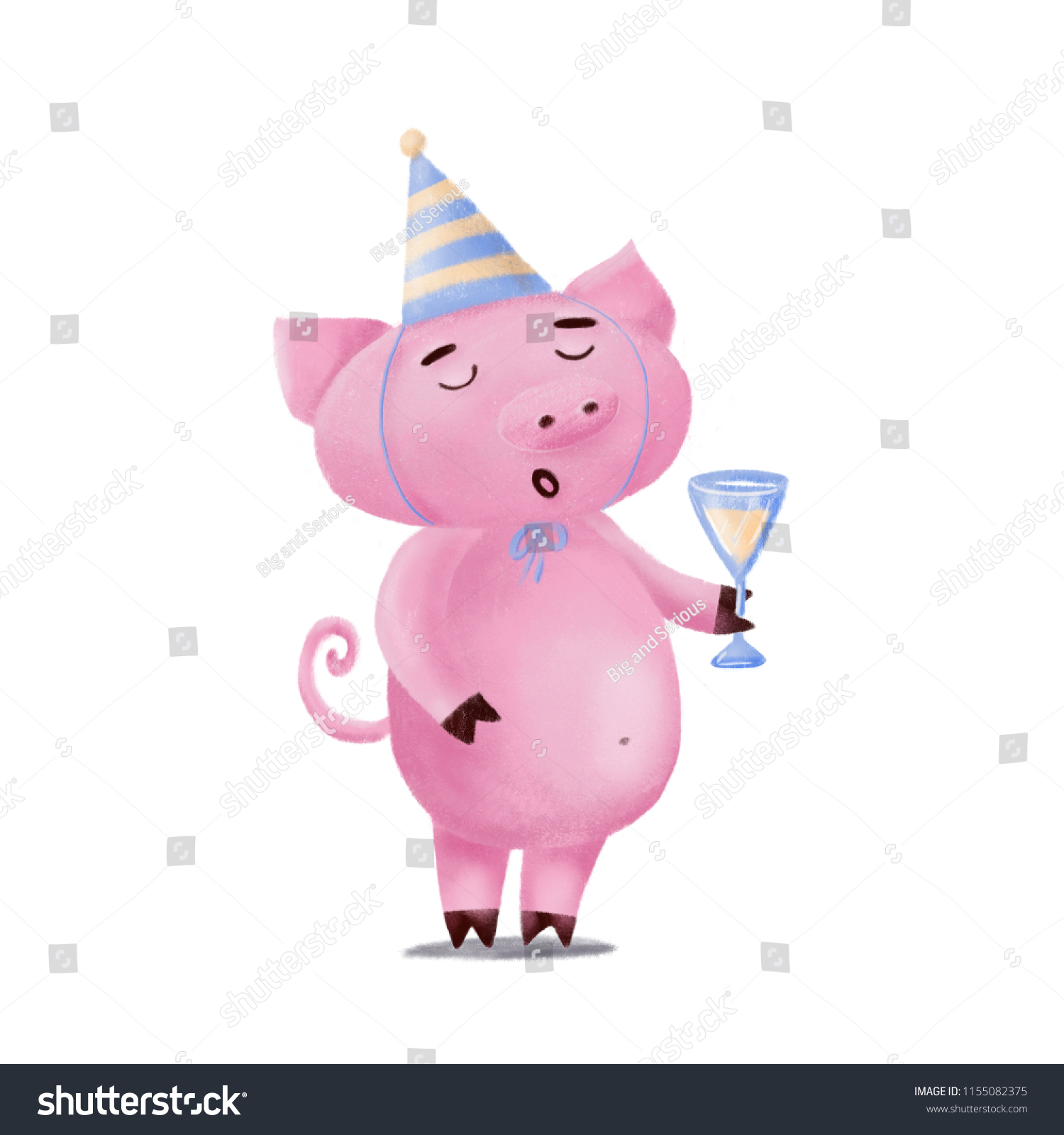 stock photo cute funny pig character in birthday hat holding glass of champagne singing or giving - Porky Pig Sings Blue Christmas stock photo cute funny pig character in birthday hat holding glass of champagne singing or giving - Porky Pig Sings Blue Christmas