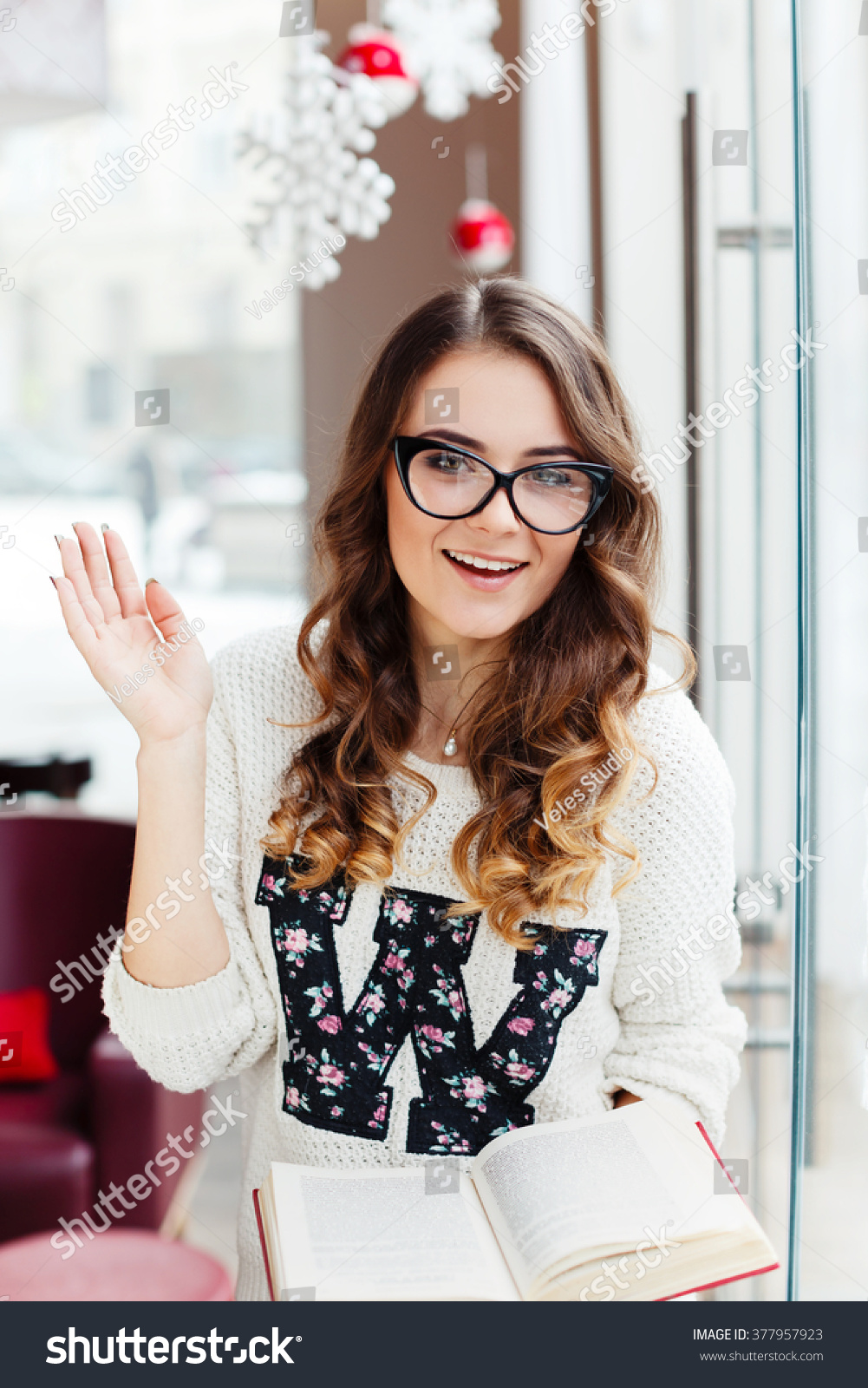 Cute Girl Brown Curly Hair Wearing Stock Photo Edit Now 377957923