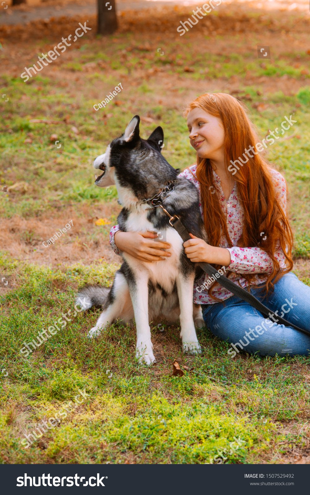 Cute Girl Red Long Hair Walks Animals Wildlife People