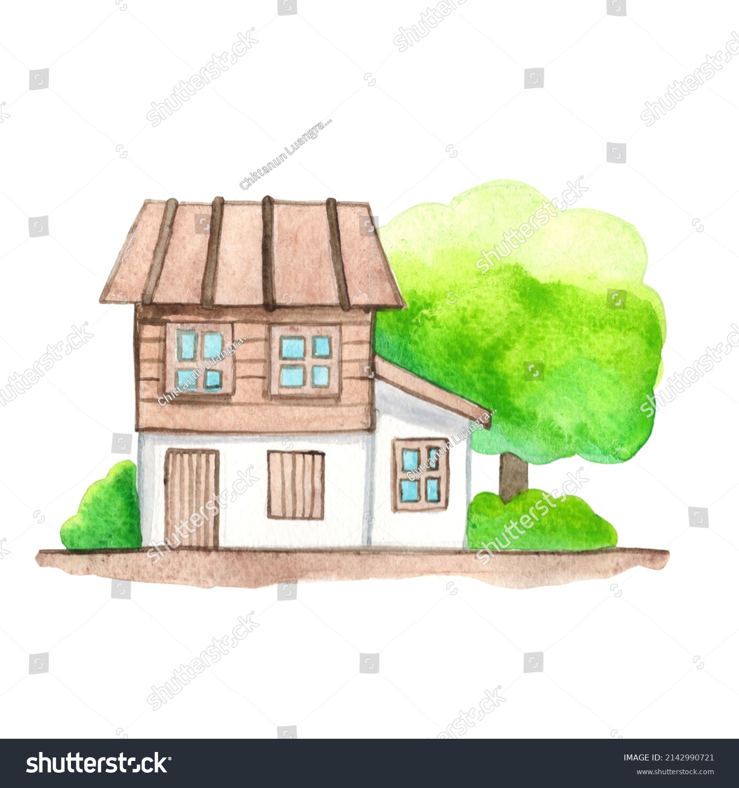 Cute House Watercolor Illustration Cottage Tree Stock Illustration ...