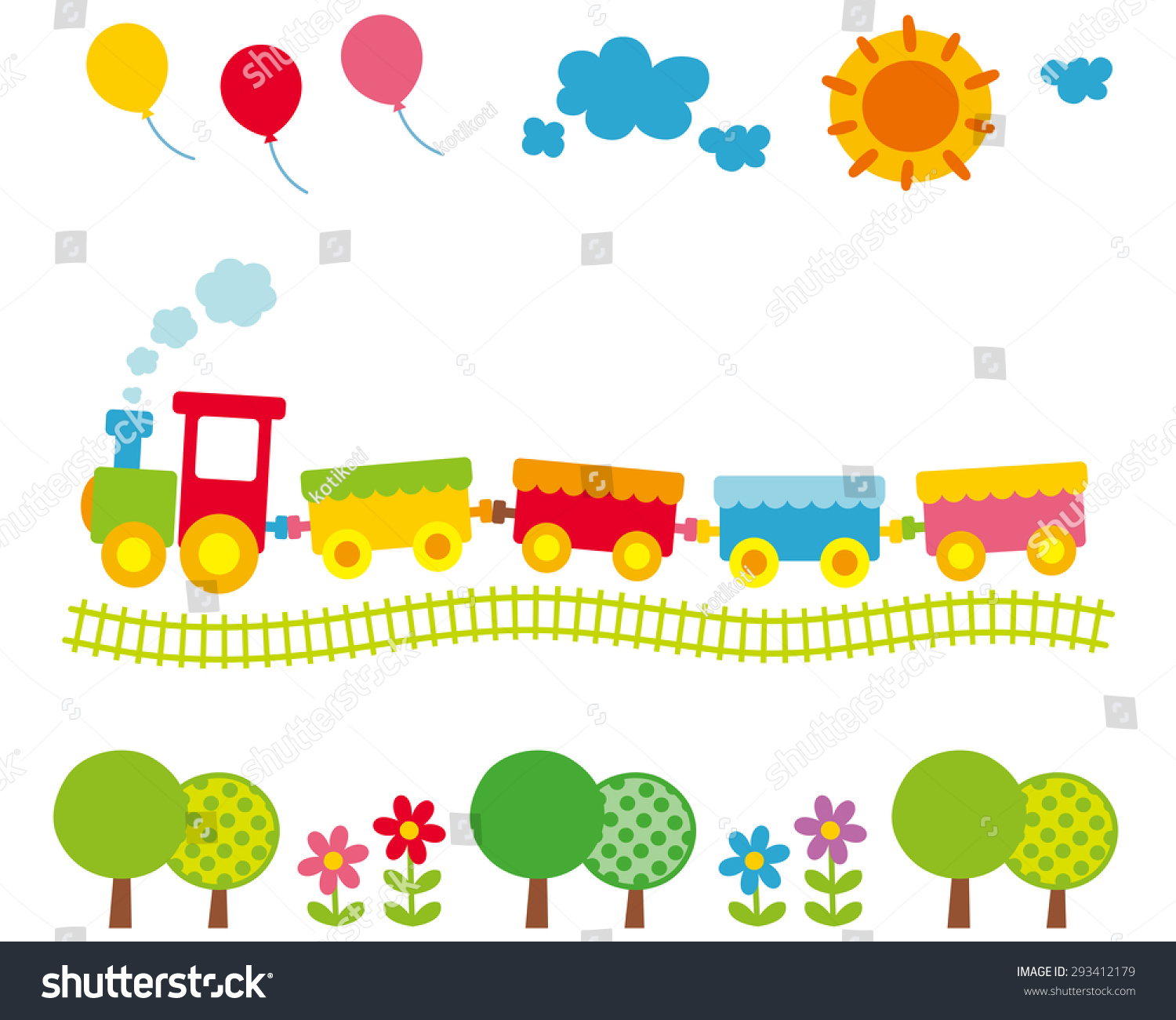 子ども向けのかわいいイラスト 風船と太陽とカラフルな電車 のイラスト素材