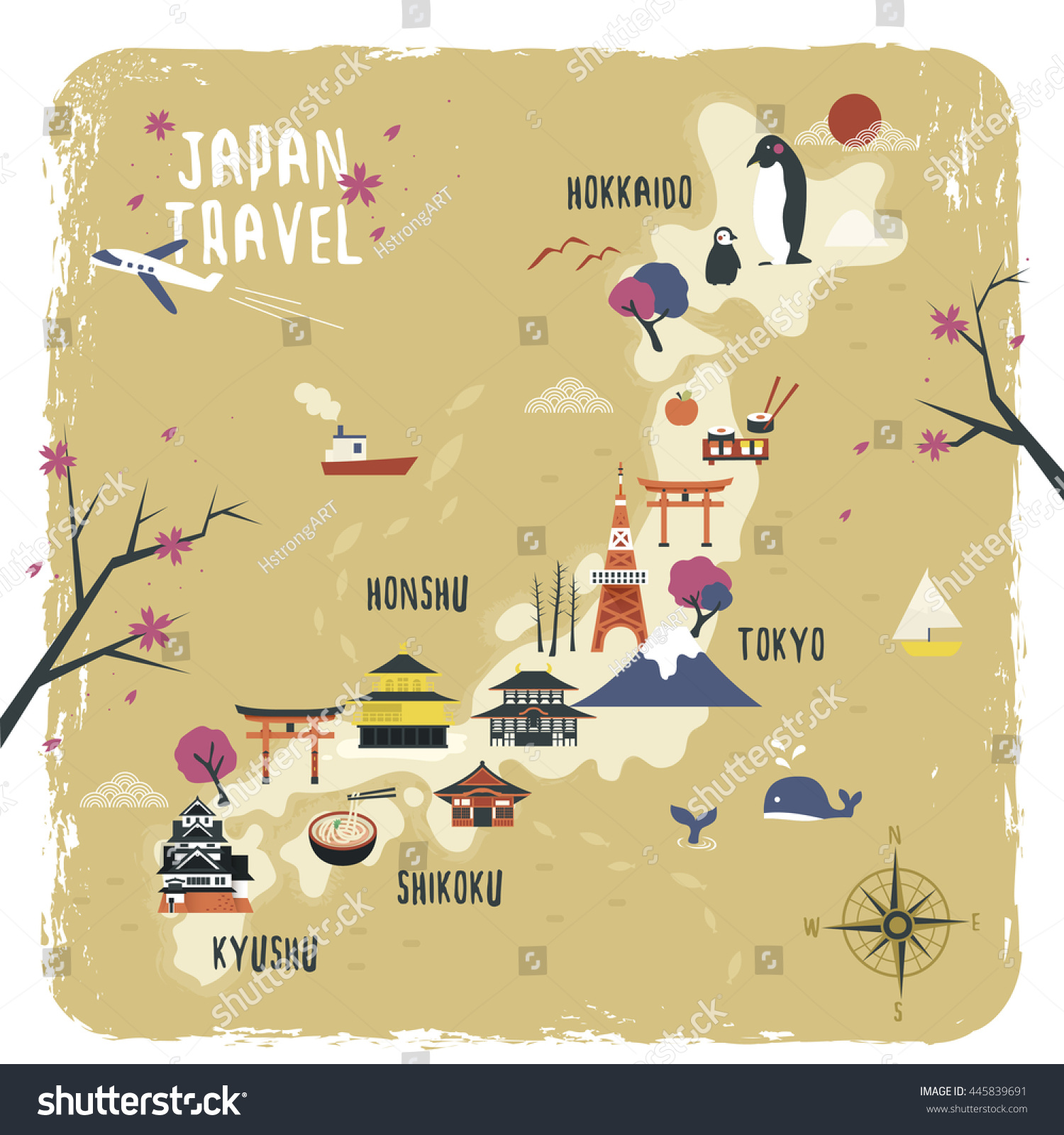 Cute Japan Travel Map Design Attractions Stock Illustration 445839691 ...