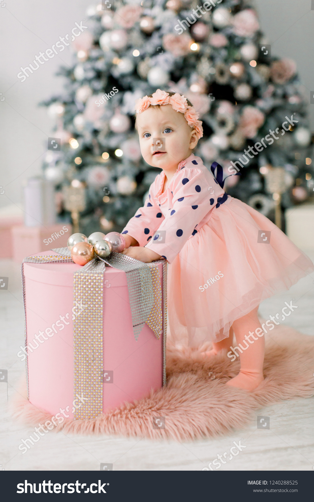 Cute Little Baby Pink Dress Standing Stock Photo Edit Now 1240288525