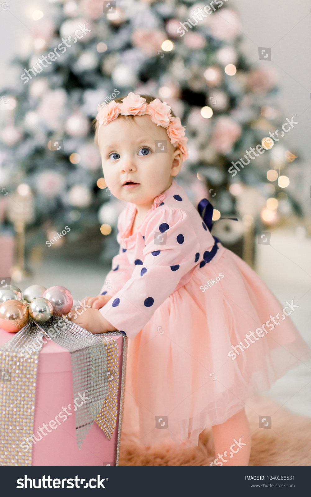 Cute Little Baby Pink Dress Standing Stock Photo Edit Now 1240288531