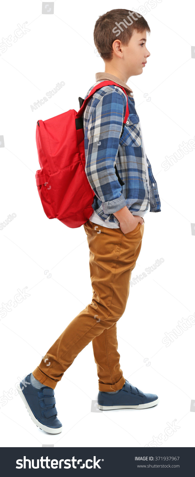 Cute Little Boy With Red Backpack Going Right, Isolated On White Stock ...