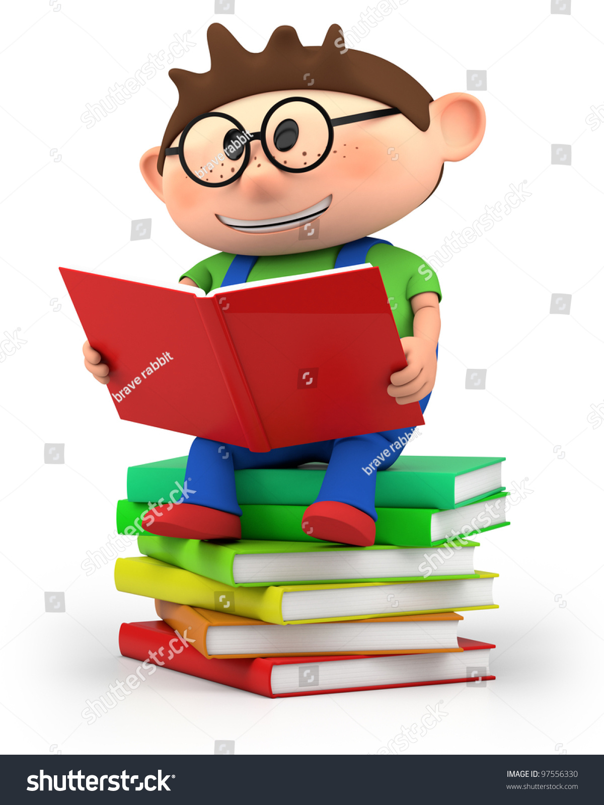 Cute Little Cartoon Boy Sitting On Books Reading - High Quality 3d ...