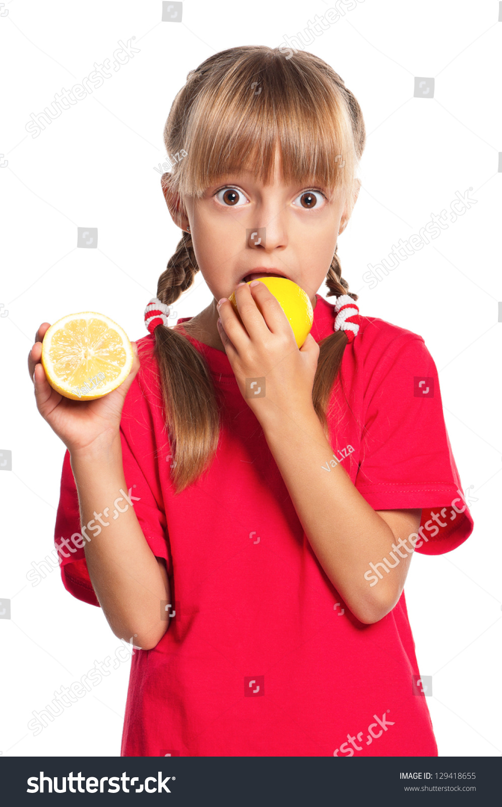 Cute Little Girl Eating Fresh Lemon Isolated On White Background Stock ...