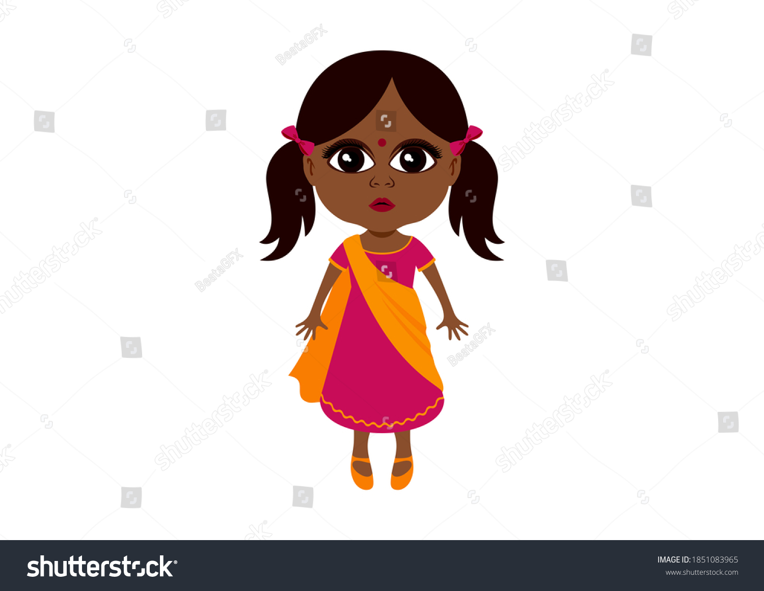 「伝統的なドレスを着たかわいい小さなインド人の女の子のアイコン。 サリのクリップアートにかわいいインドの赤ちゃん女の子。白い背景に美しい少女民族のアイコン。 大きな茶色の目をした小さな女の子の