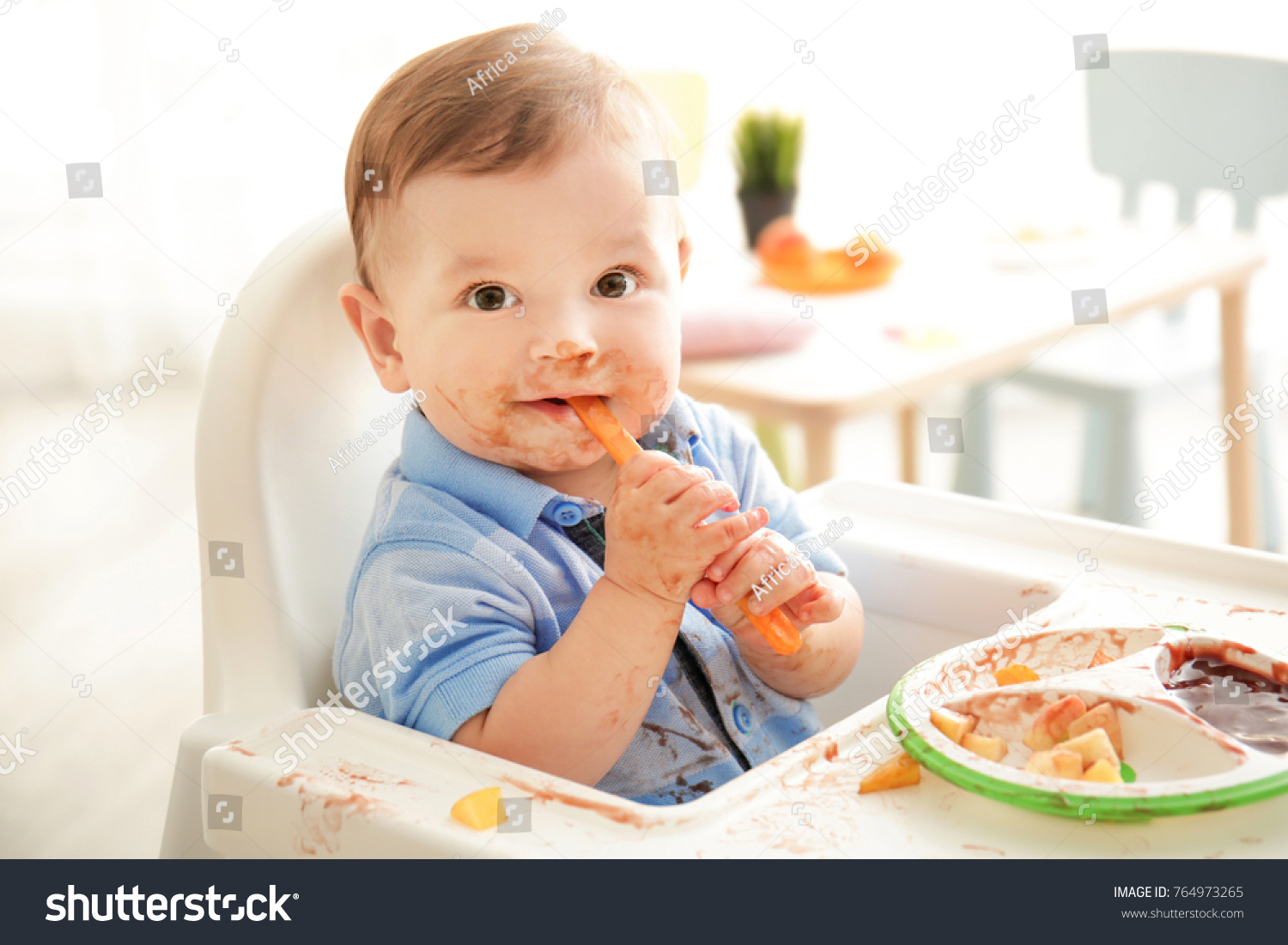 Cute Messy Baby Eating Puree Home Stock Photo 764973265 | Shutterstock