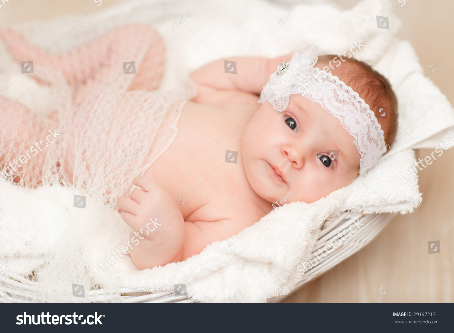 Cute Newborn Baby Girl Sleeping Basket Stock Photo 